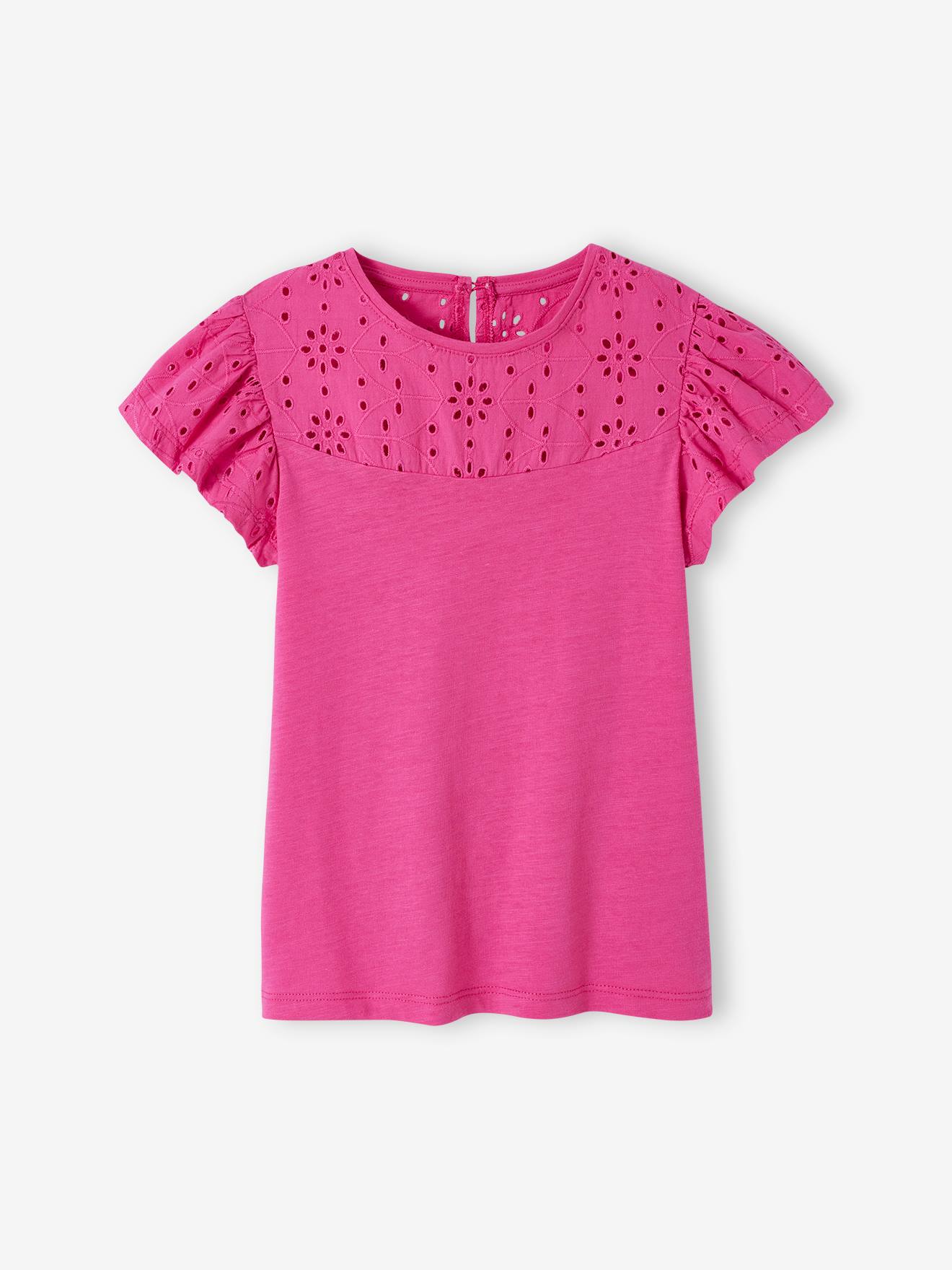 Vertbaudet Mädchen T-Shirt mit Volantärmeln und Lochstickerei Oeko-Tex - dunkelrosa