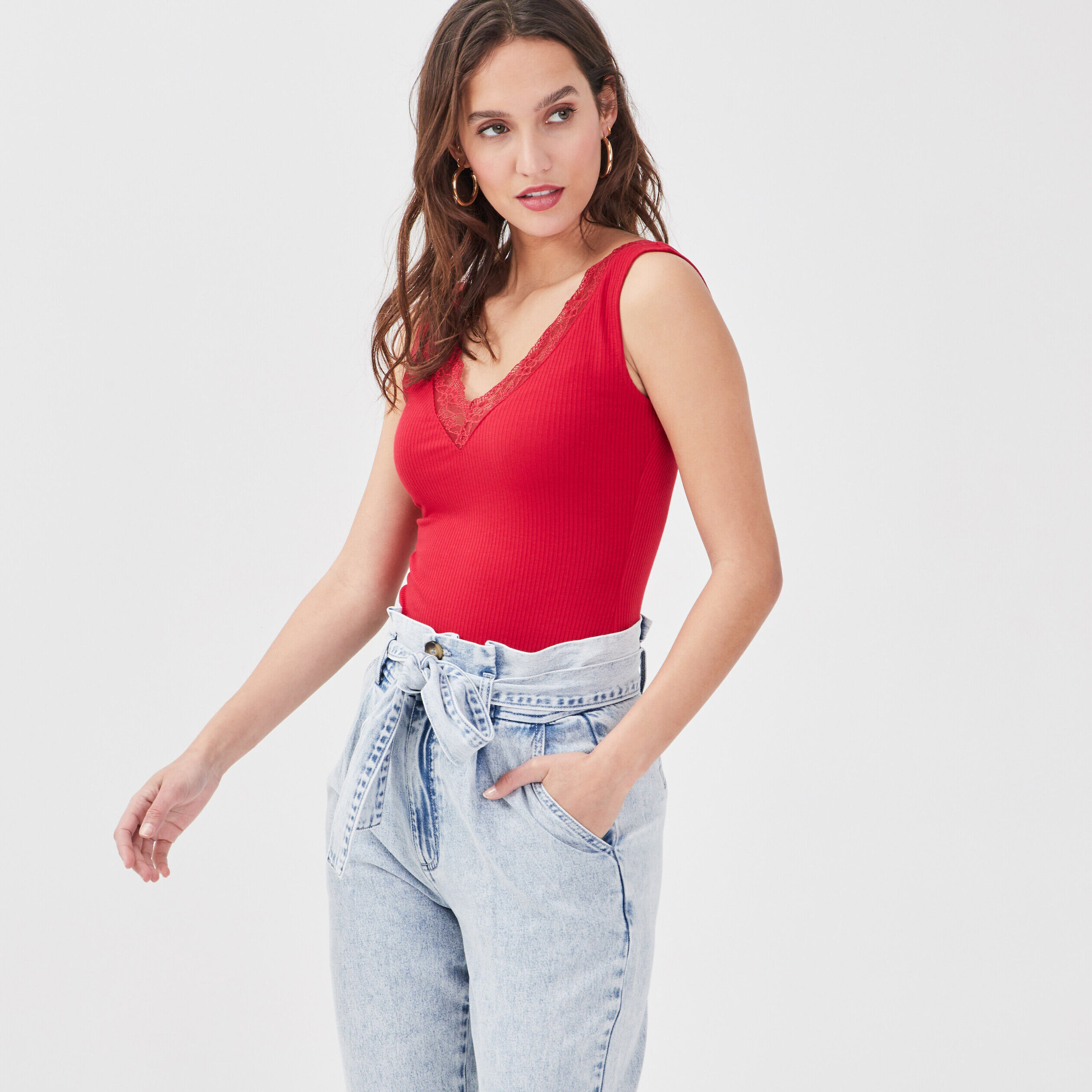 Body bretelles larges côtelé rouge femme | Cache Cache