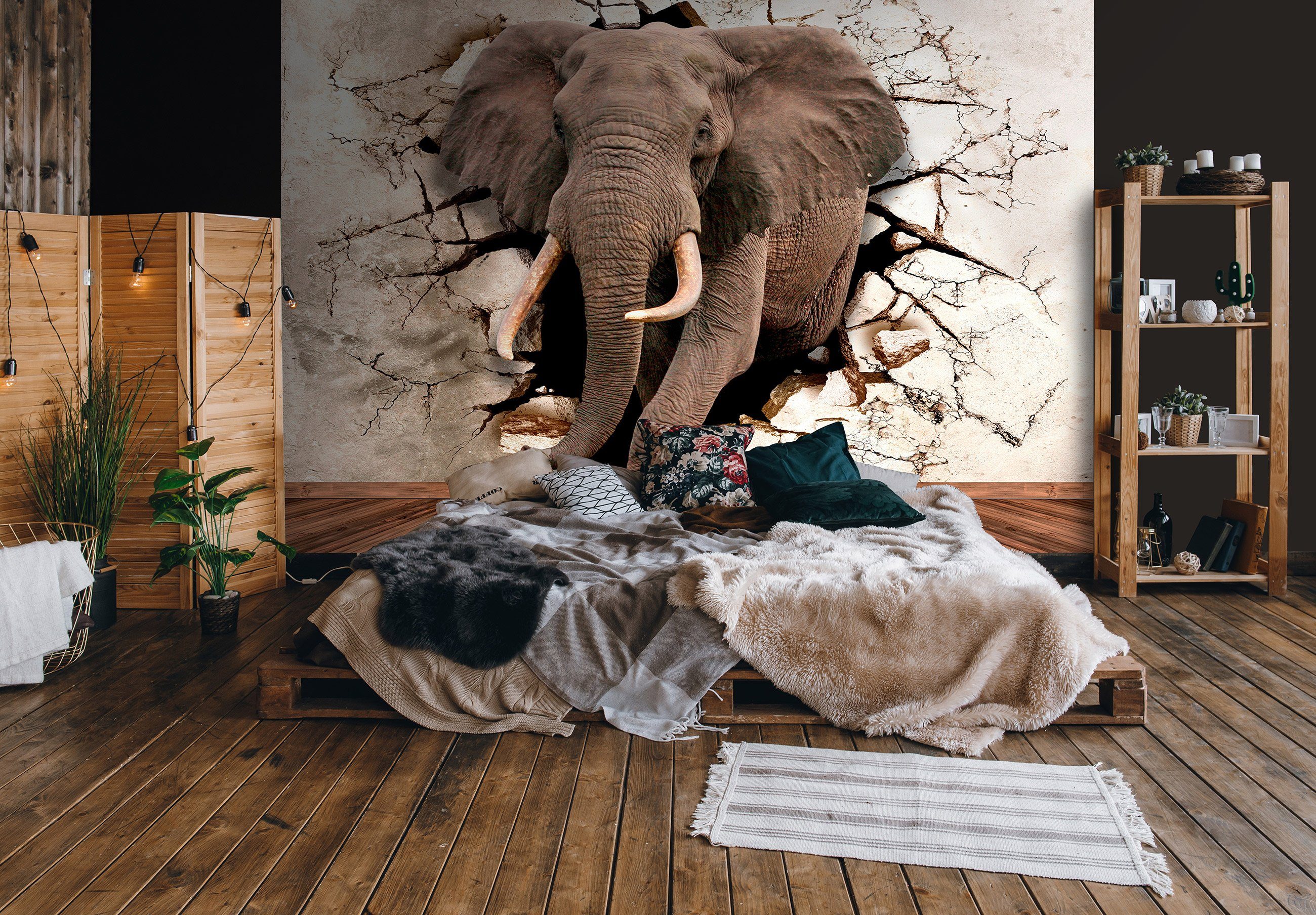 Wallarena Fototapete 3D EFFEKT Elefant Tiere Vlies Tapete Wohnzimmer Schlafzimmer, Glatt, 3d-Optik, Vliestapete inklusive Kleister