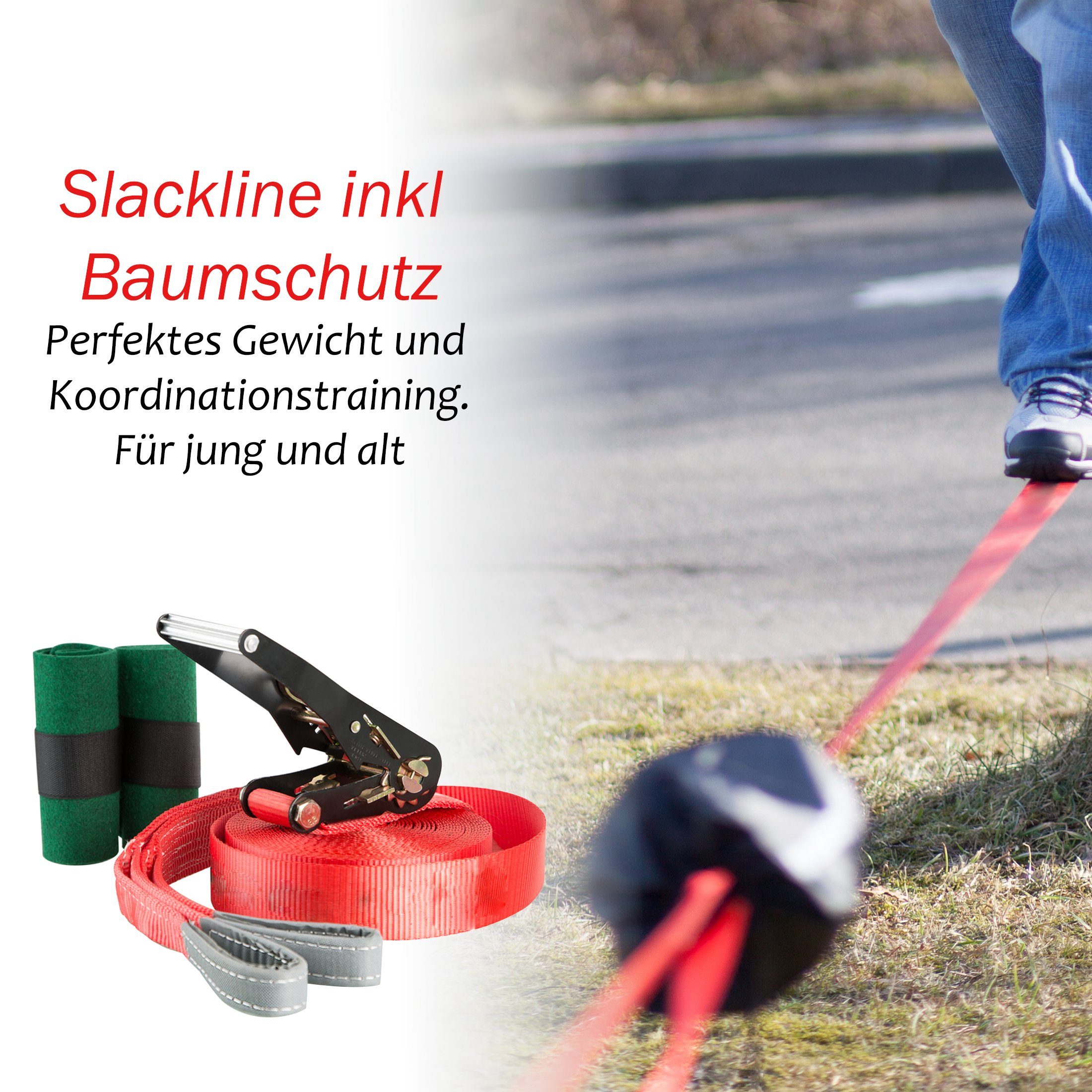 Zoomyo Slackline Komplett-Set mit Slackline 15 m Länge, inkl. Ratsche mit Schutz, Baumschützern und Hilfsseil – Slackline-Set ideal