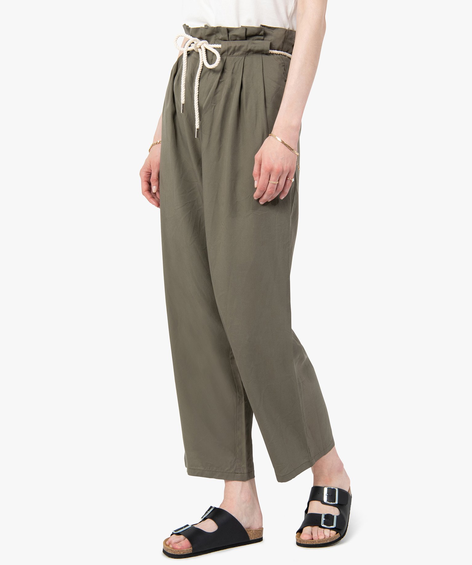 Pantalon femme en Lyocell avec ceinture en corde kaki | GEMO