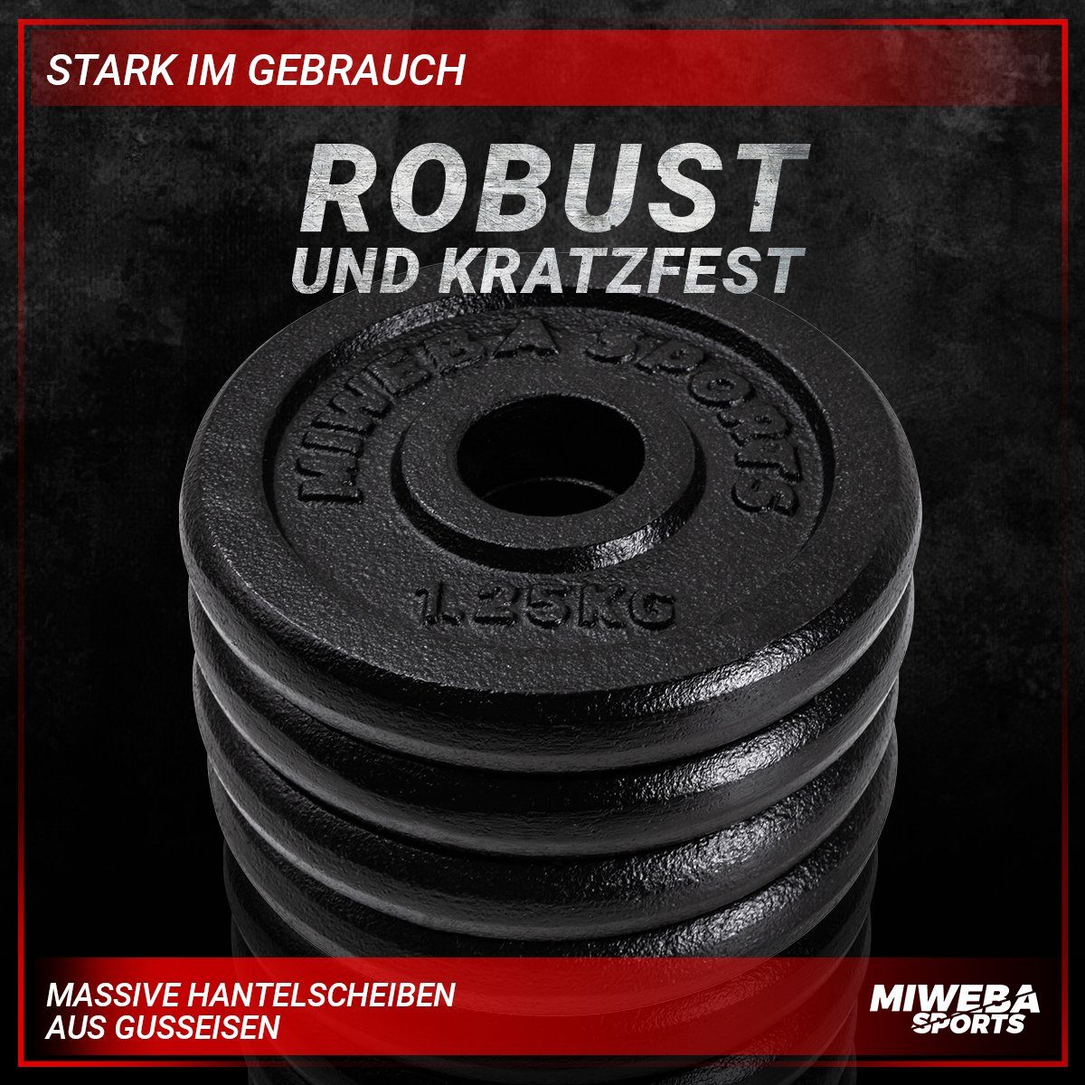Miweba Sports Hantelscheibe Profi Gusseisen Hantelscheiben HSG - 1.25 - 10 kg, 5 kg, (4er-Set, Hantelscheibenset, Hantel Gewichte Set, Gewicht Scheiben, Muskelaufbau, Workout, Training, Ganzkörpertraining, 4-tlg., 4 x 1.25 kg, Ø 30mm, Gusseisen, 12.5