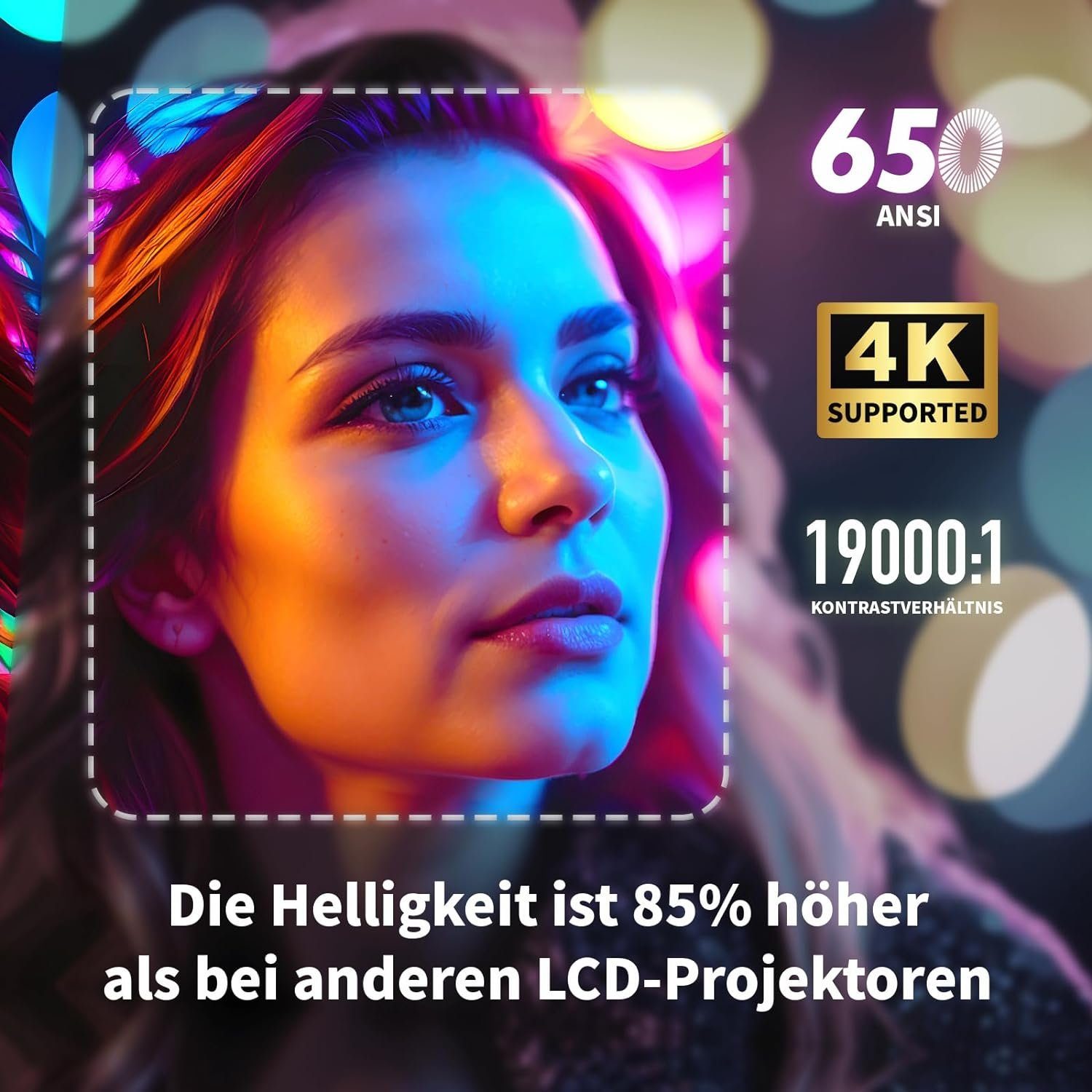 WEWATCH 4K, WEWATCH S3 Full HD mit 5G WiFi Bluetooth, Heimkino, Portabler Projektor (20000 lm, 19000:1, 3840 x 2160 px, Elektronischer Fokus/6D Trapezkorrektur, LED kompatibel mit TV Stick)