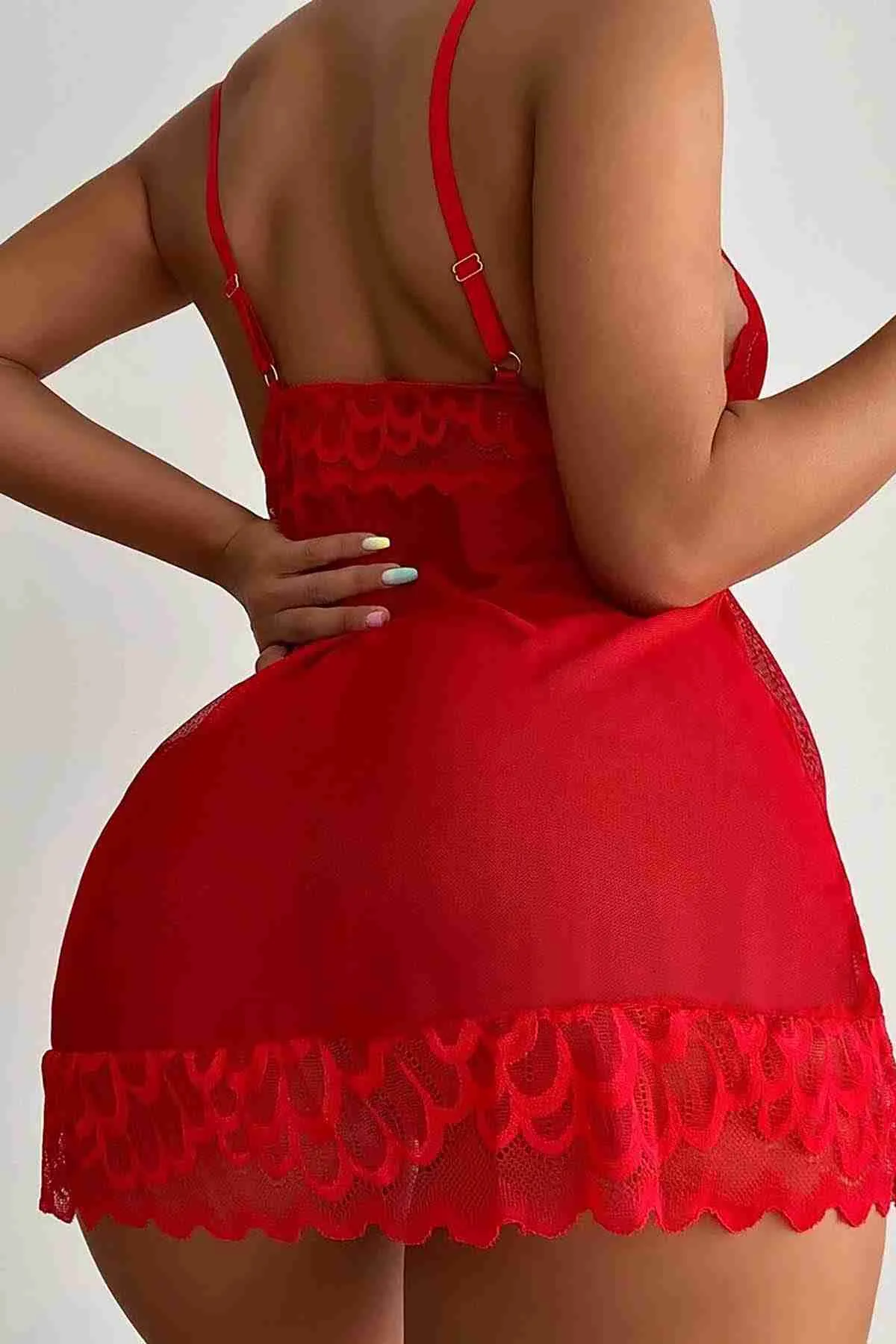 Merry See  Babydoll-Nachthemd-Set aus Spitze, Rot