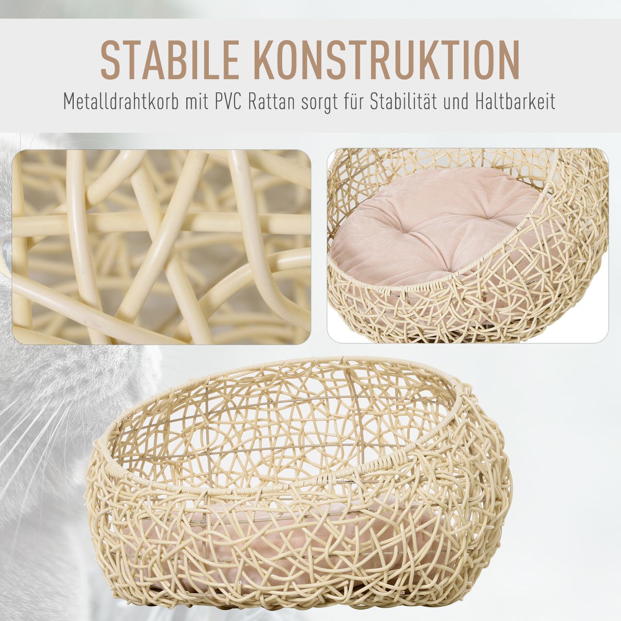 PawHut Katzenbett aus Rattan mit Kissen Katzenhöhle Hundehütte Beige Ø56 x 35 cm