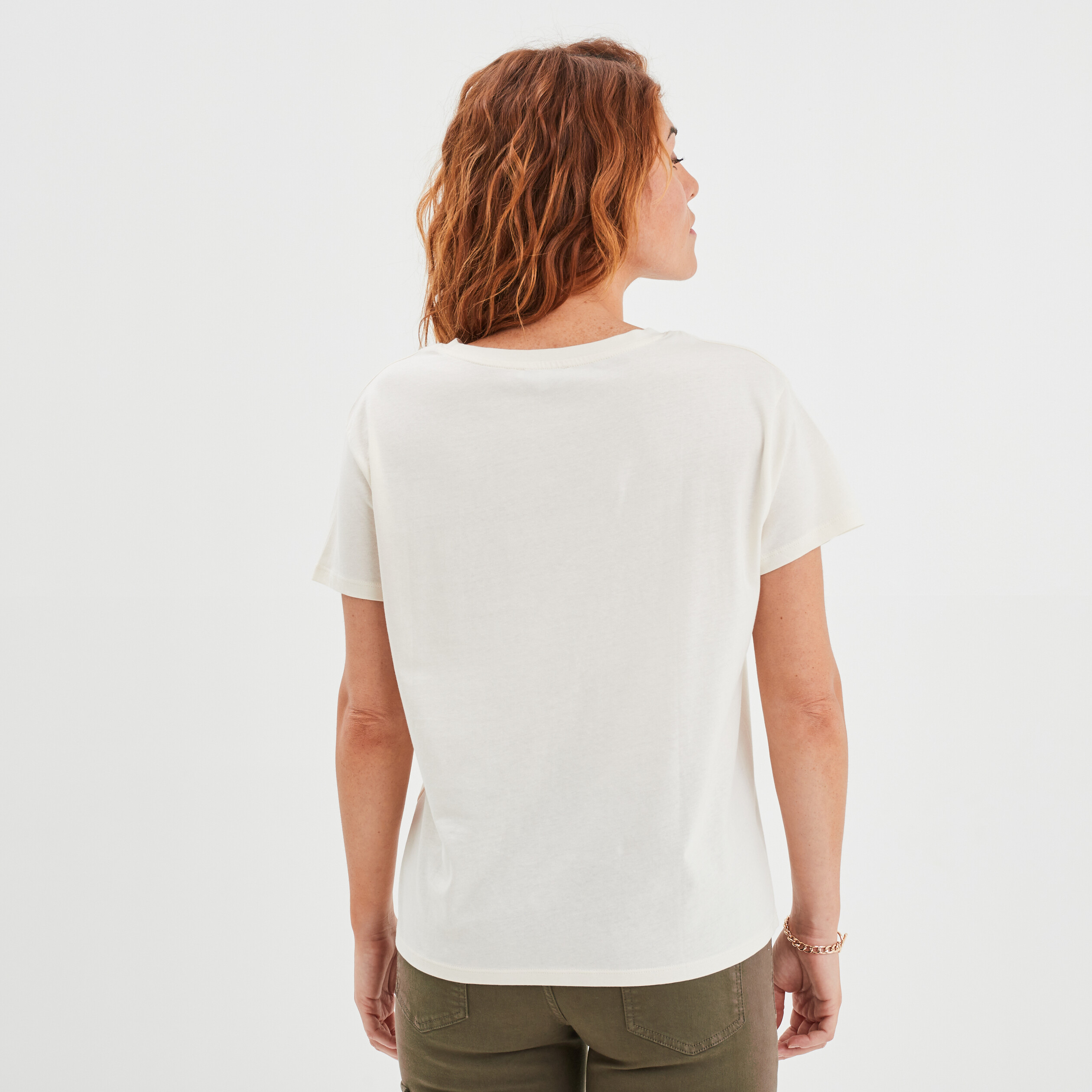 T-shirt col rond manches courtes coton creme femme | La Halle