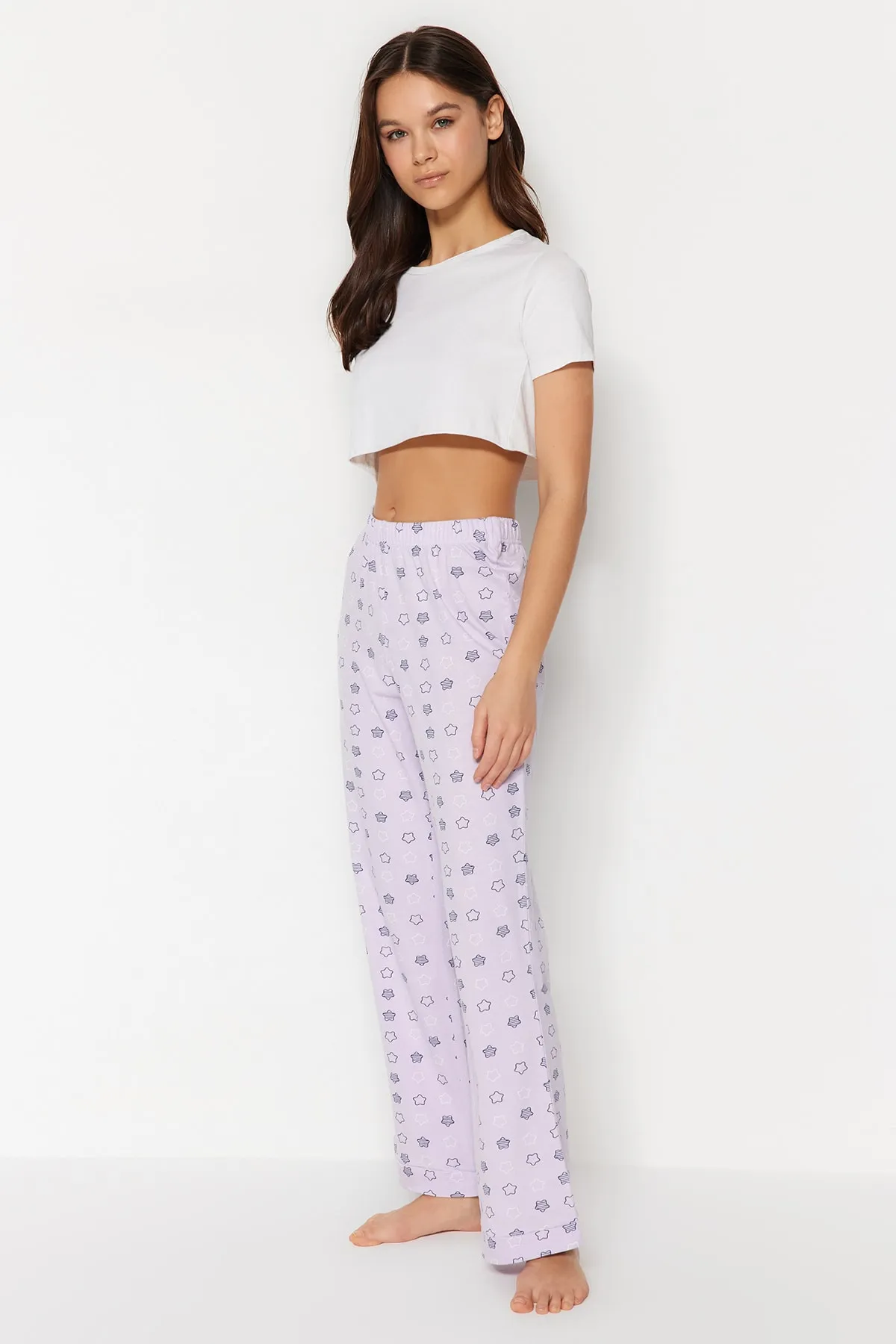 Trendyol Collection  Gestrickte Pyjamahose aus Baumwolle mit Sternenmuster in Flieder THMSS23PJ00003