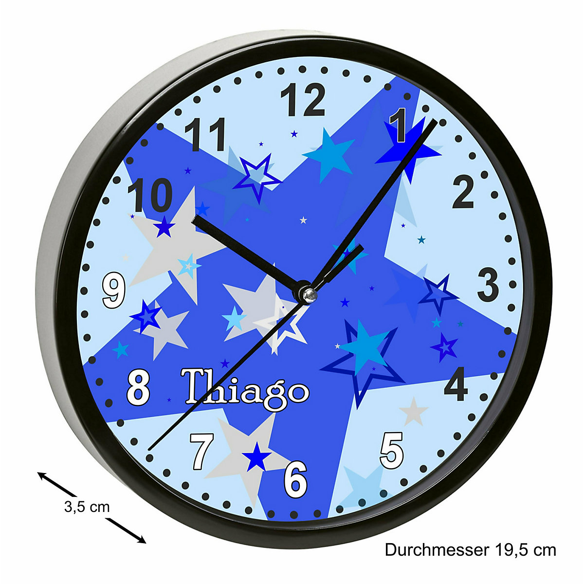 Kinder Wanduhr personalisiert mit Name Sternenhimmel Blau Grau