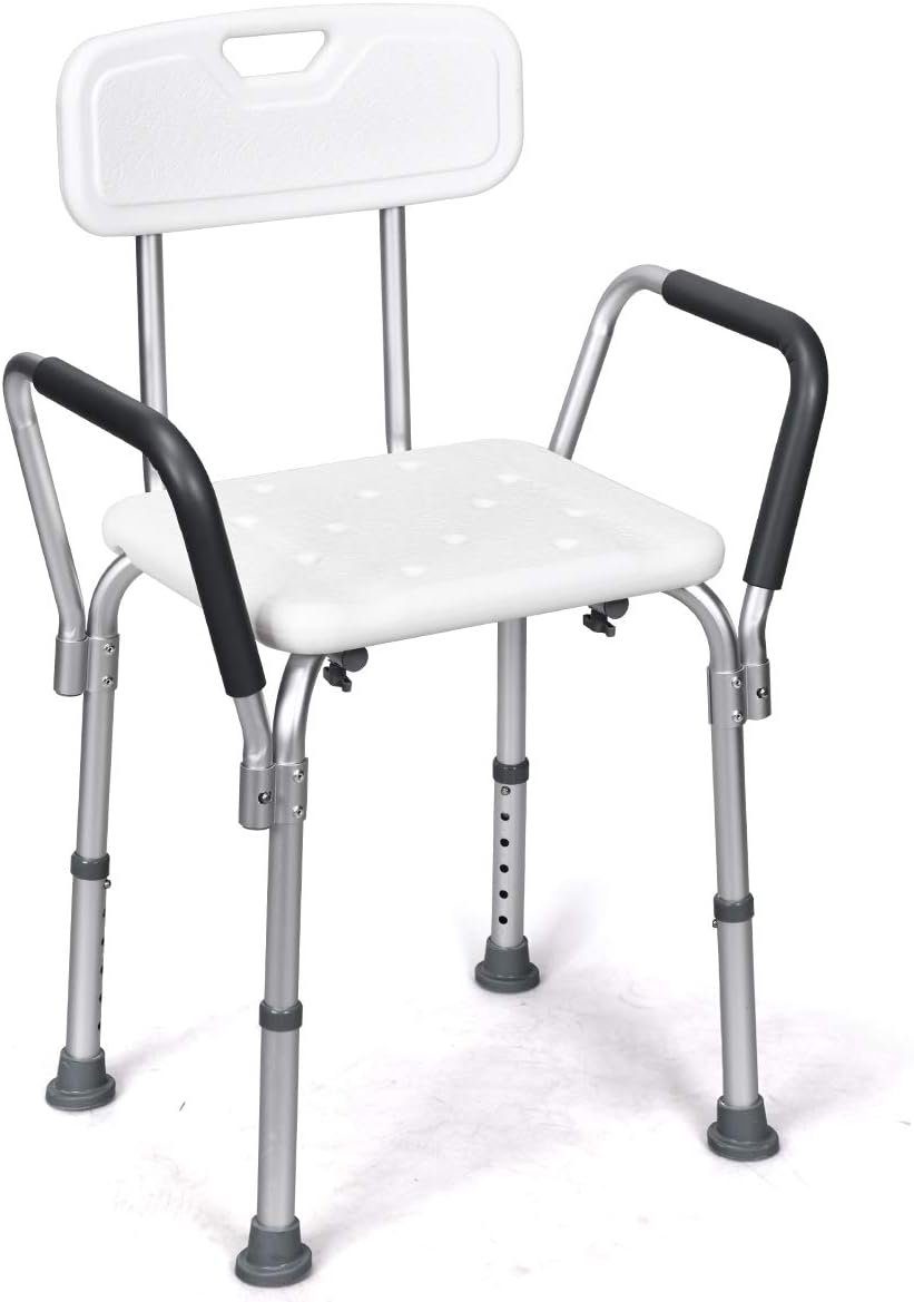 KOMFOTTEU Duschhocker Badestuhl, belastbar bis 150,00 kg, höhenverstellbar, mit Armlehnen & Rückenlehne, bis 150kg