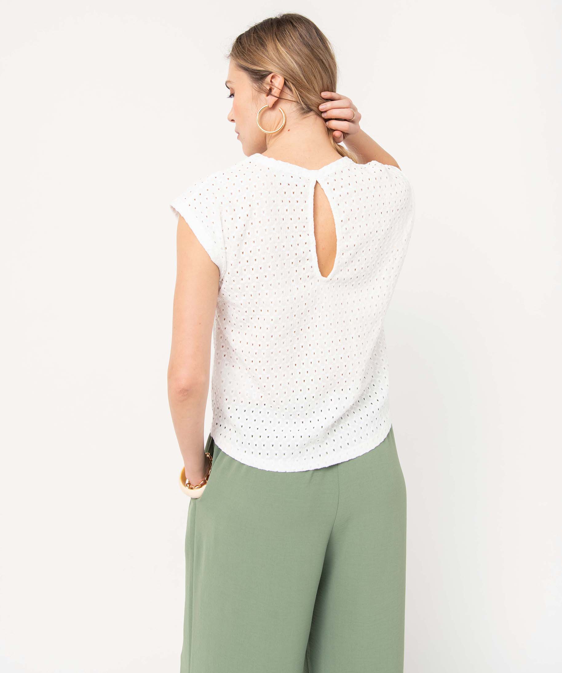 Tee-shirt femme à manches courtes en maille ajourée ecru | GEMO