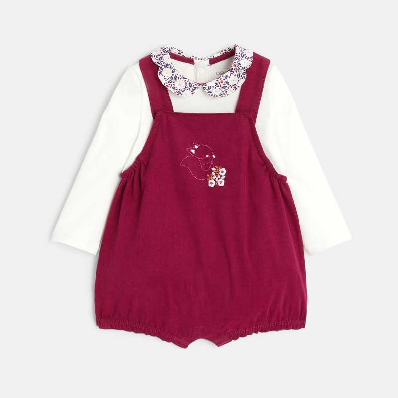 Salopette en velours et body petit col fleuri rose naissance