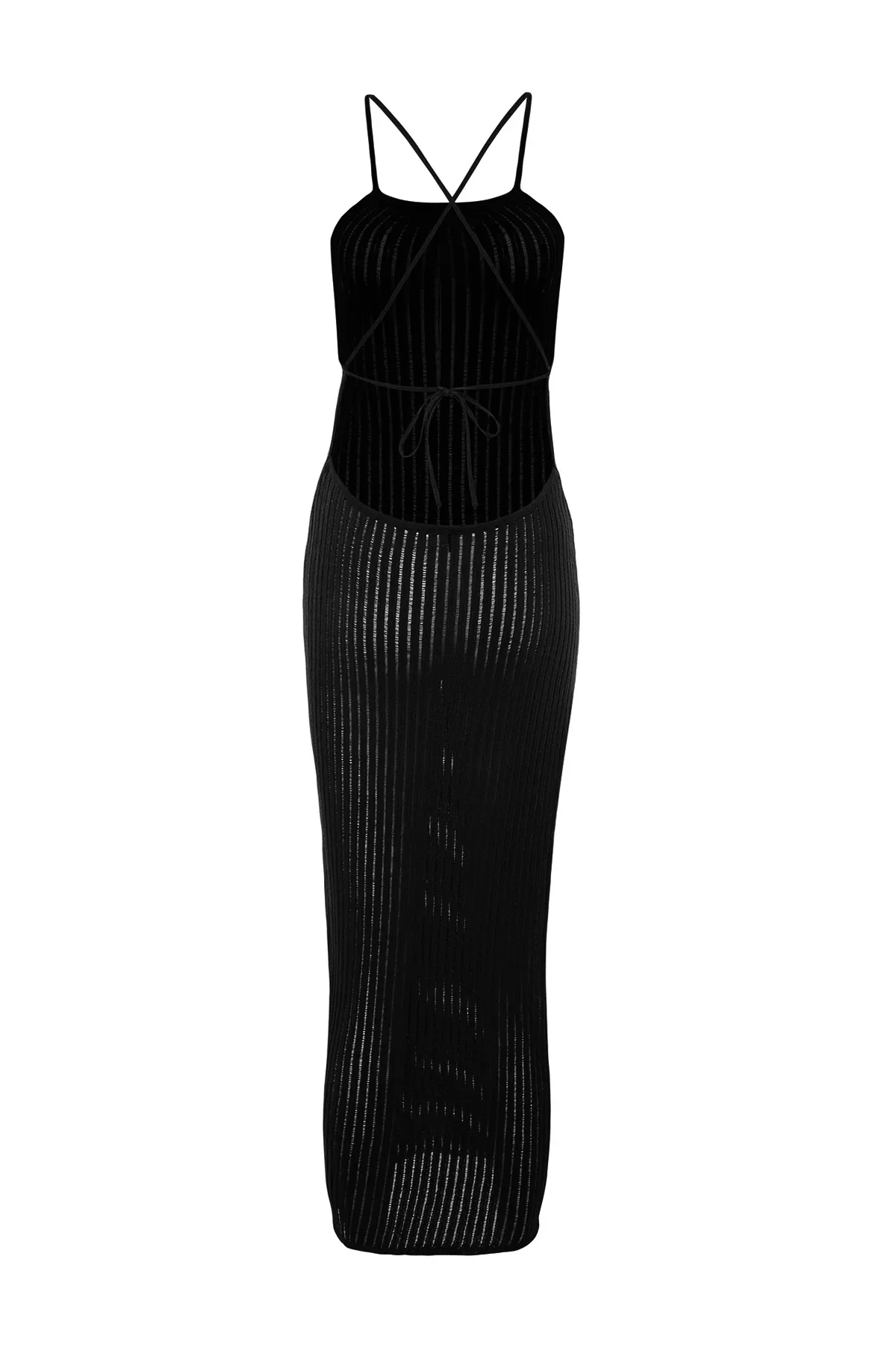 Trendyol Collection  Schwarzes, tailliertes Maxi-Strandkleid aus gestricktem, rückenfreiem Strick TBESS24EL00054