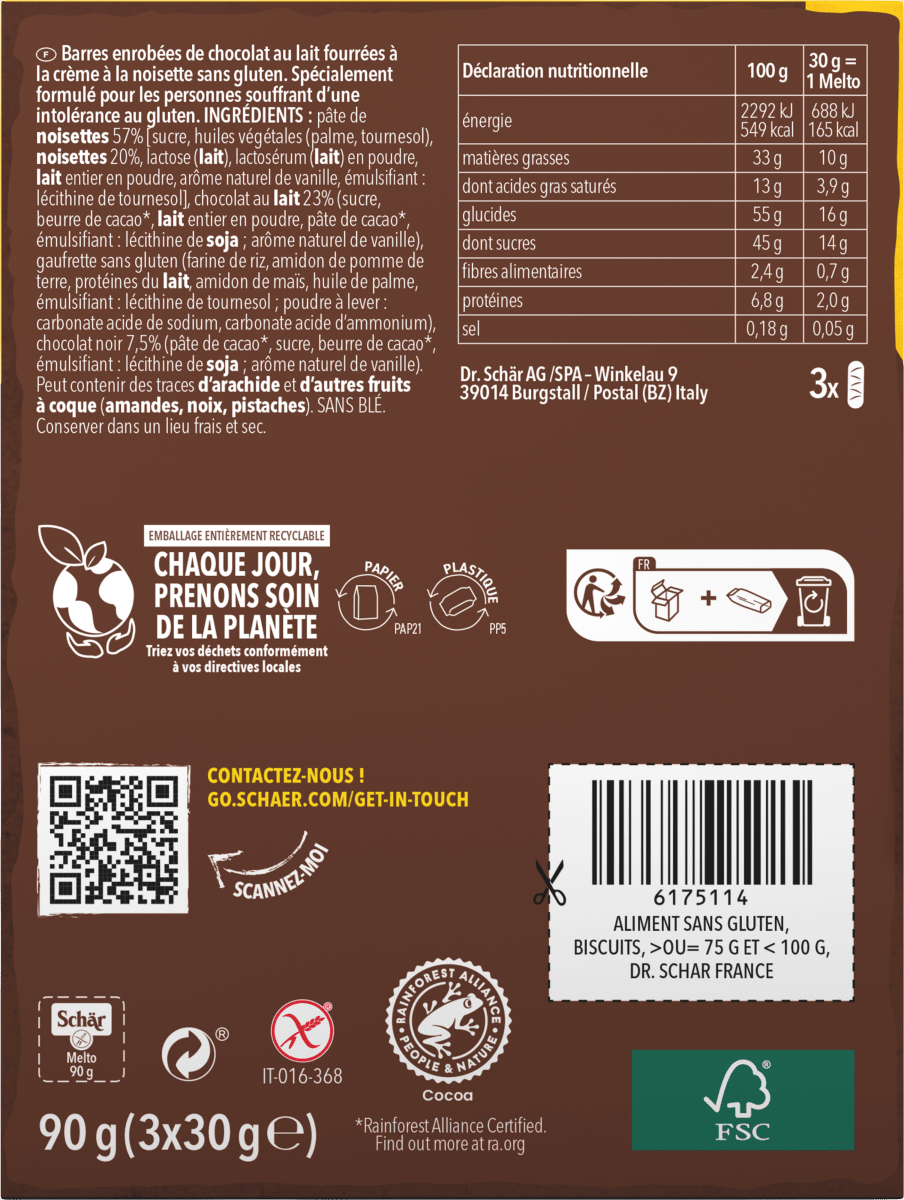 Schokoriegel, \Melto\ Chocolat au Lait, glutenfrei (3 Stück), 90 g