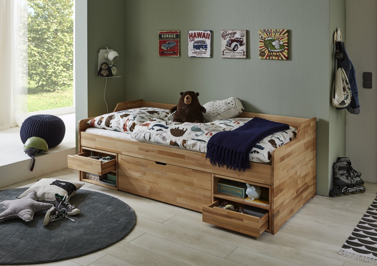 Relita RELITA - Kojenbett LEVI 90x200 Buche massiv natur lackiert, inkl. Rollrost, 3 Schubladen, 2 Fächer