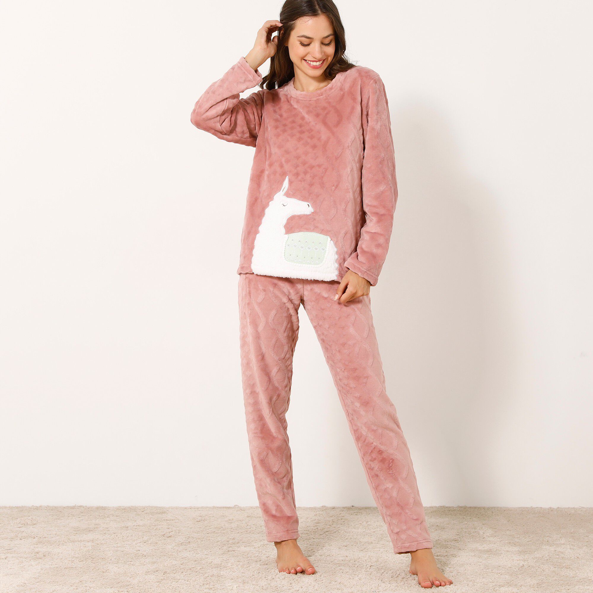Pyjama lama pantalon maille polaire, toucher peluche