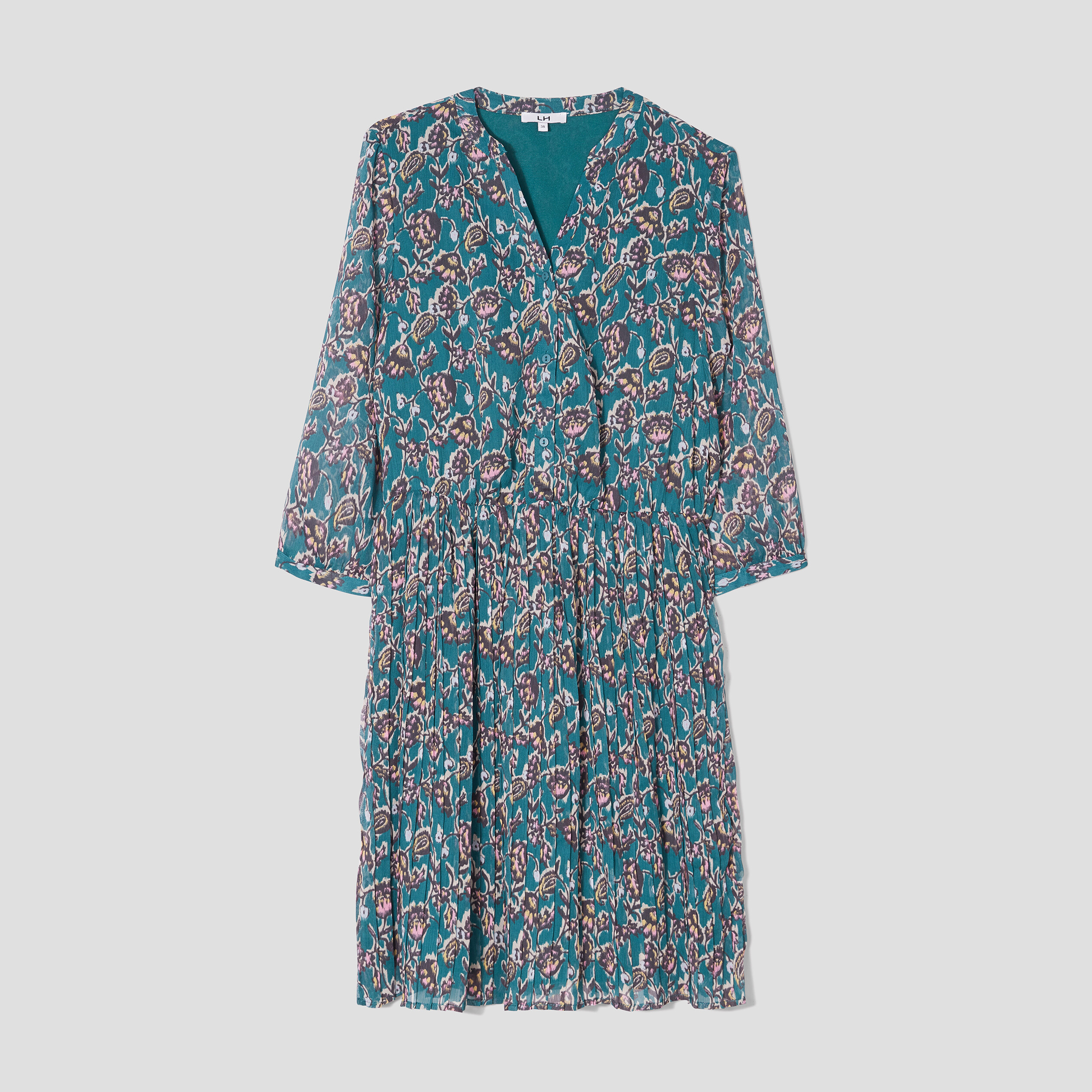 Robe évasée bas plissé manches 3 4 vert foncé femme | La Halle