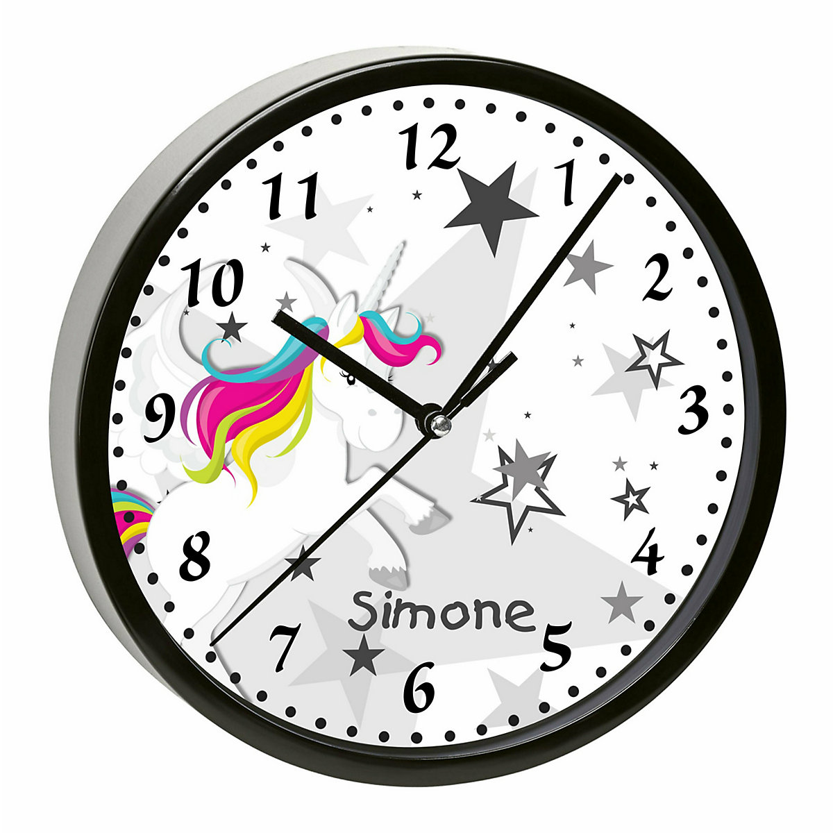 Kinder Wanduhr personalisiert mit Name Pegasus Sterne Grau