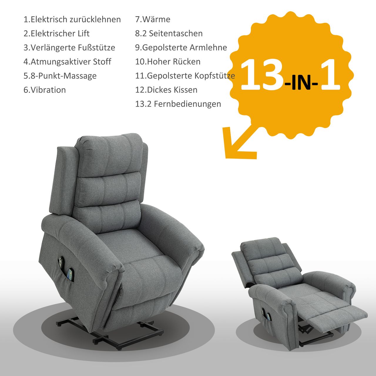 HOMCOM Massagesessel Massagestuhl Aufstehfunktion Wärmefunktion Leinen