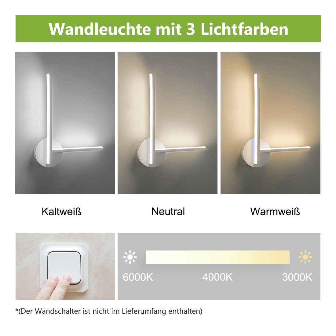 S'AFIELINA LED Wandleuchte LED Wandleuchten Modern 90° Winkel LED Wandlampe, 3 Lichtfarben 3000K/4000K/6000K Wandbeleuchtung