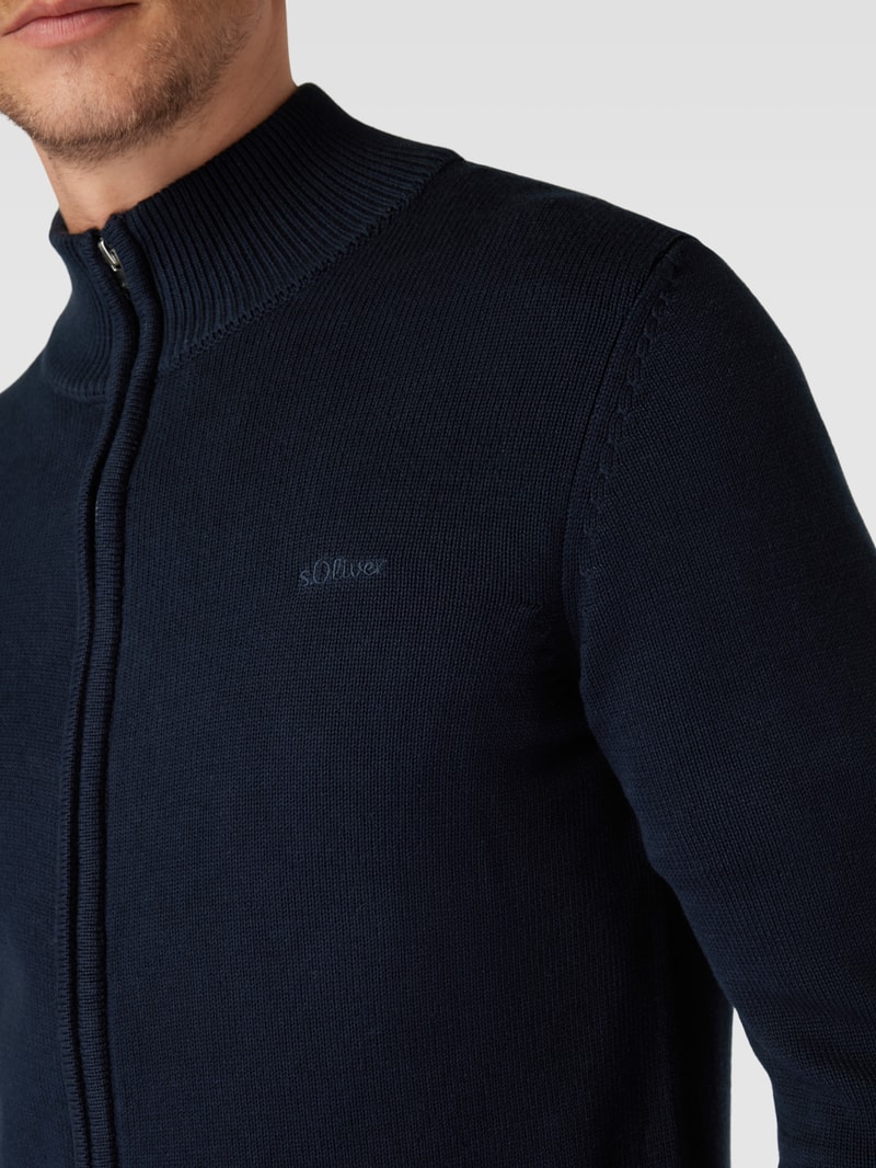 Strickjacke mit Label-Stitching Modell 'STAND JACKET' in marineblau