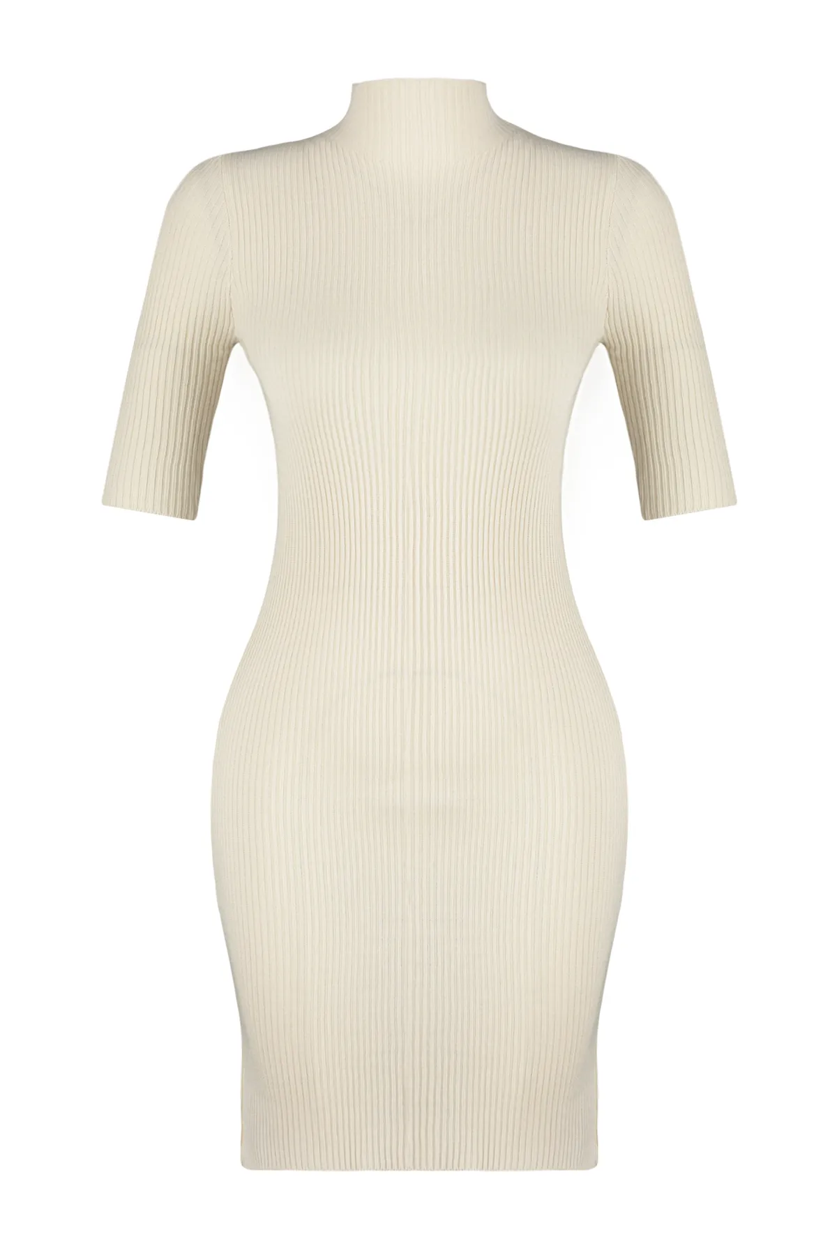 Trendyol Collection  Steinfarbenes Mini-Strickkleid mit hohem Kragen TWOAW24EL00235