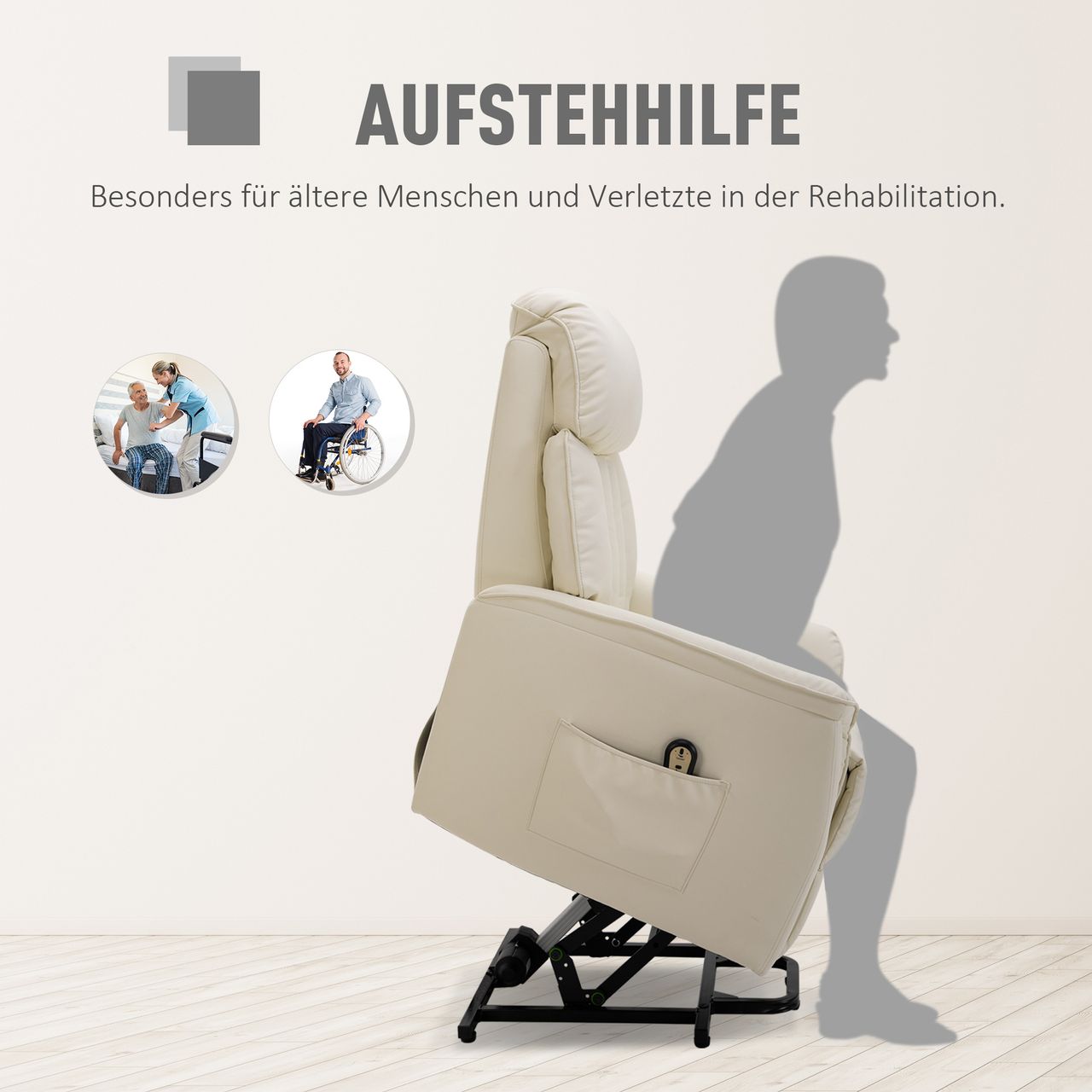 HOMCOM Aufstehsessel Sessel mit Aufstehhilfe Fernsehsessel Liegefunktion Beige