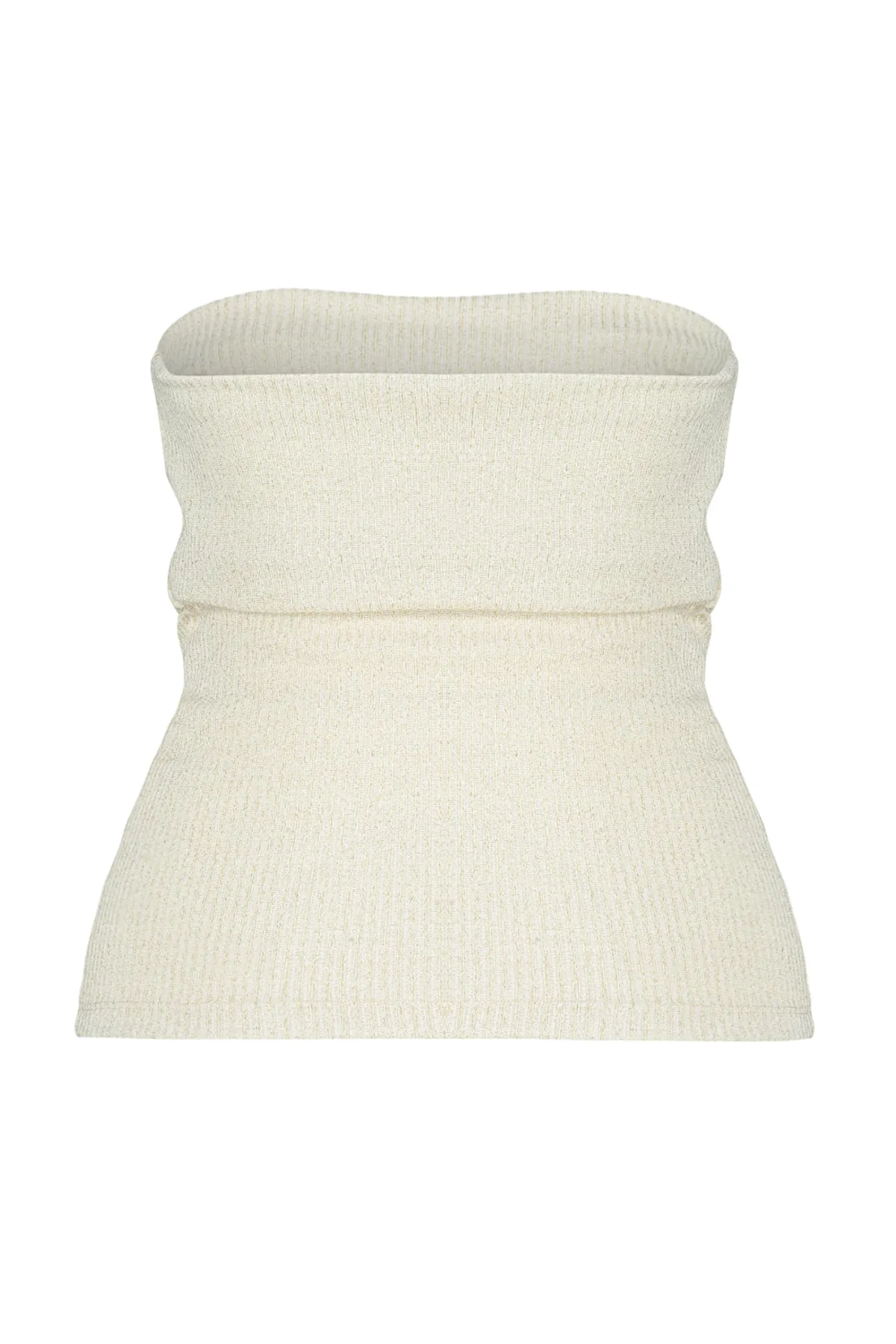 Trendyol Collection  Ecru Drapierte detaillierte Lurex/Silberfarbene trägerlose Stretch-Strickbluse TWOSS24BZ00136
