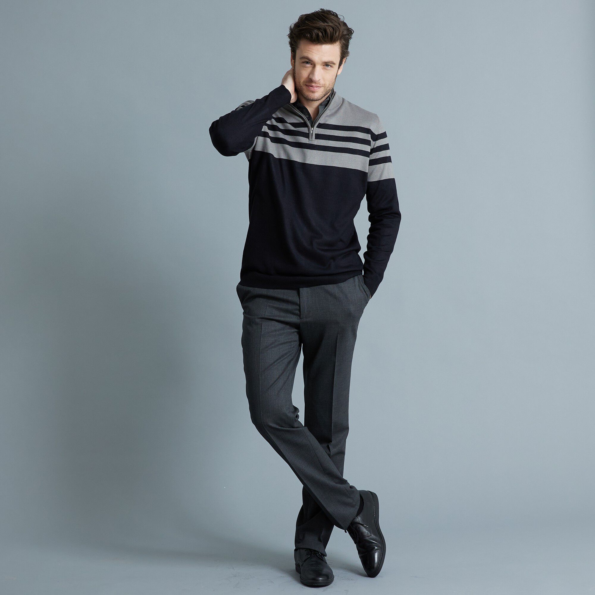 Pull rayé col montant zippé toucher cachemire
