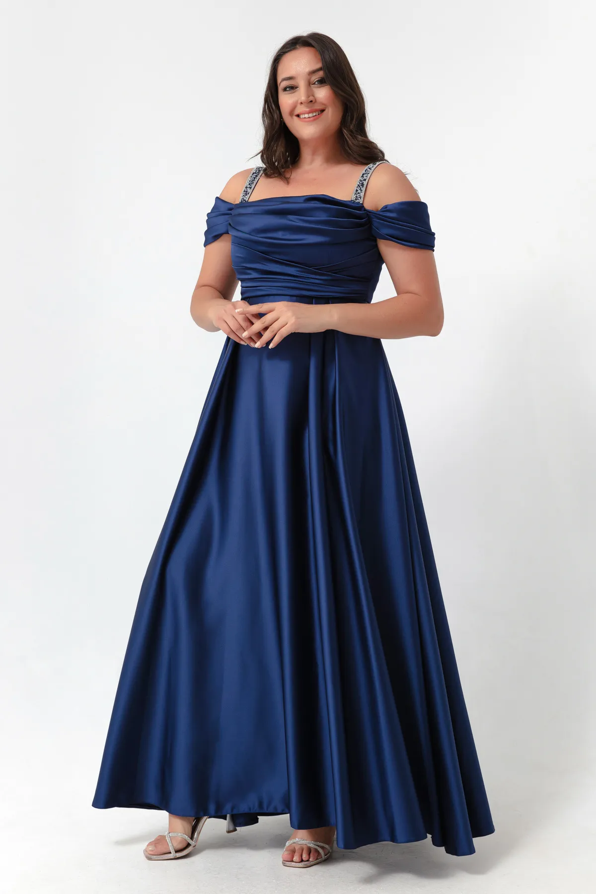 Lafaba  Marineblaues, drapiertes, langes Abendkleid mit Steinträgern für Damen in Übergröße