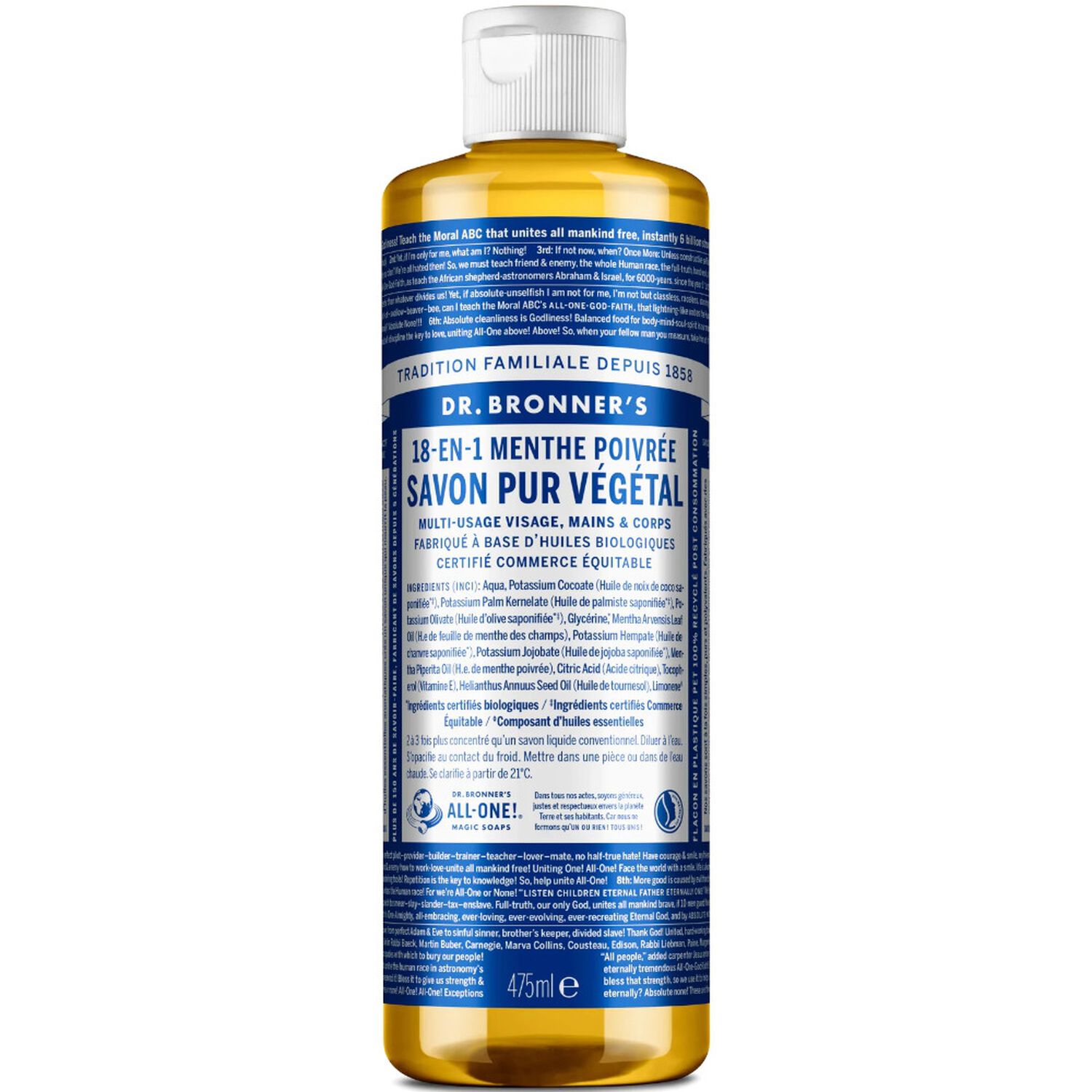 Dr Bronners Savon liquide Menthe poivrée Un savon de Castille liquide naturel 18-en-1
