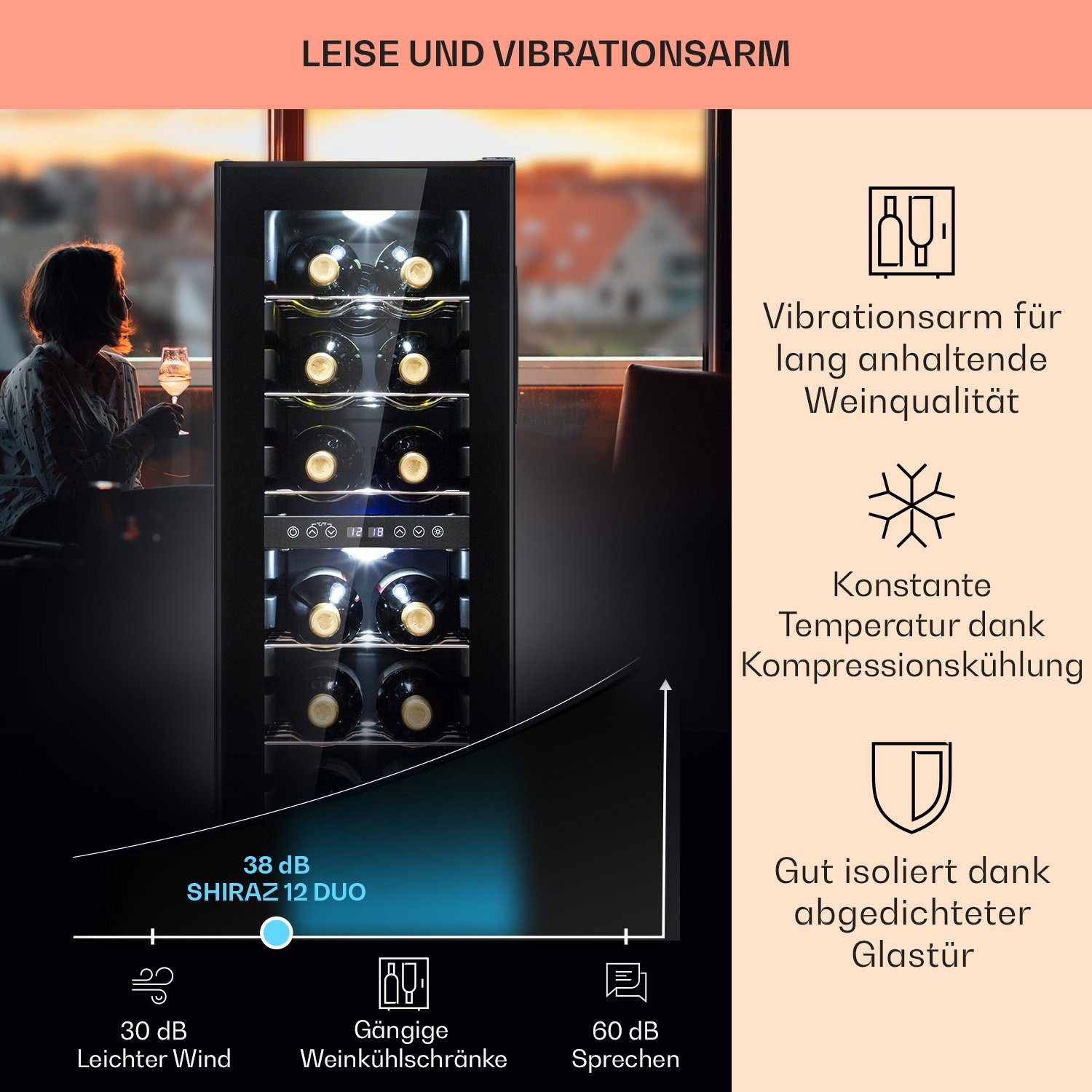 Klarstein Weinkühlschrank Shiraz, für 12 Standardflaschen á 0,75l,Wein Flaschenkühlschrank Weintemperierschrank Weinschrank Kühlschrank