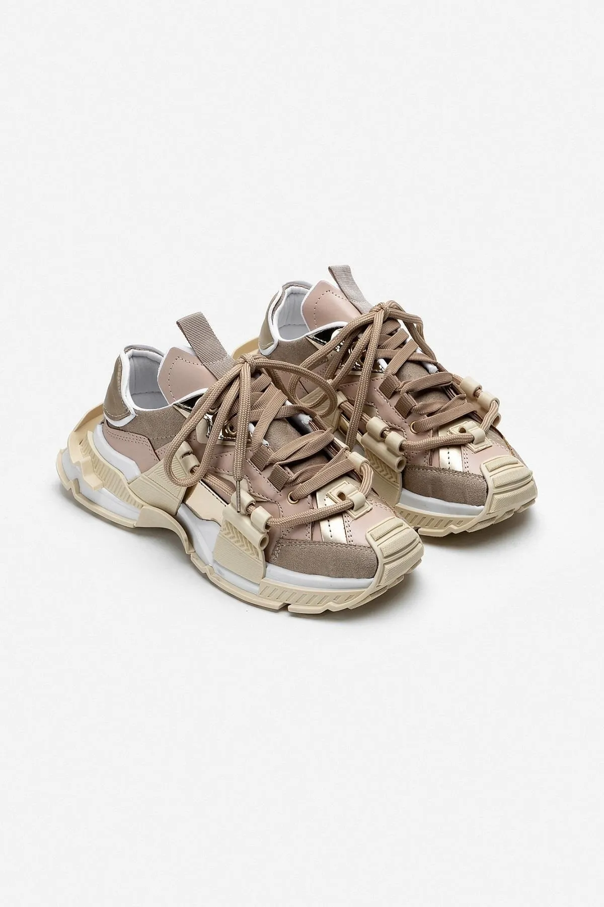 NİŞANTAŞI SHOES  Oslo Beige Matte Lace Detaillierte Damen-Sportschuhe mit dicker Sohle