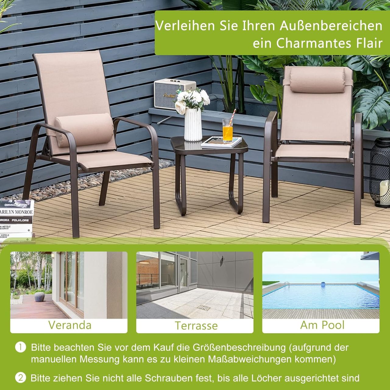 Costway 3tlg. Bistroset Balkonset, Couchtisch aus Hartglas & 2 stapelbare Stühle
