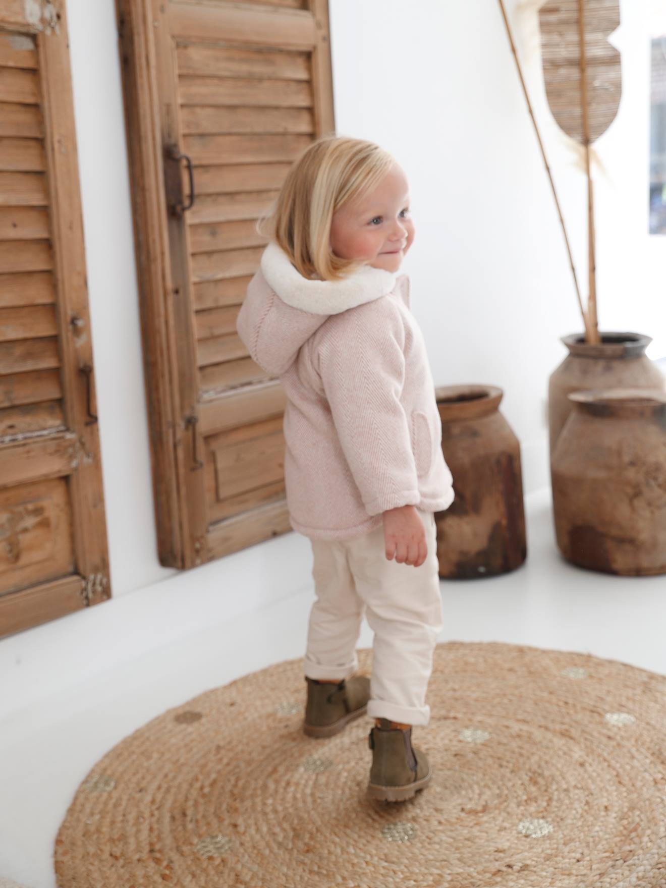 Manteau en drap de laine Bébé doublé de fausse fourrure rose