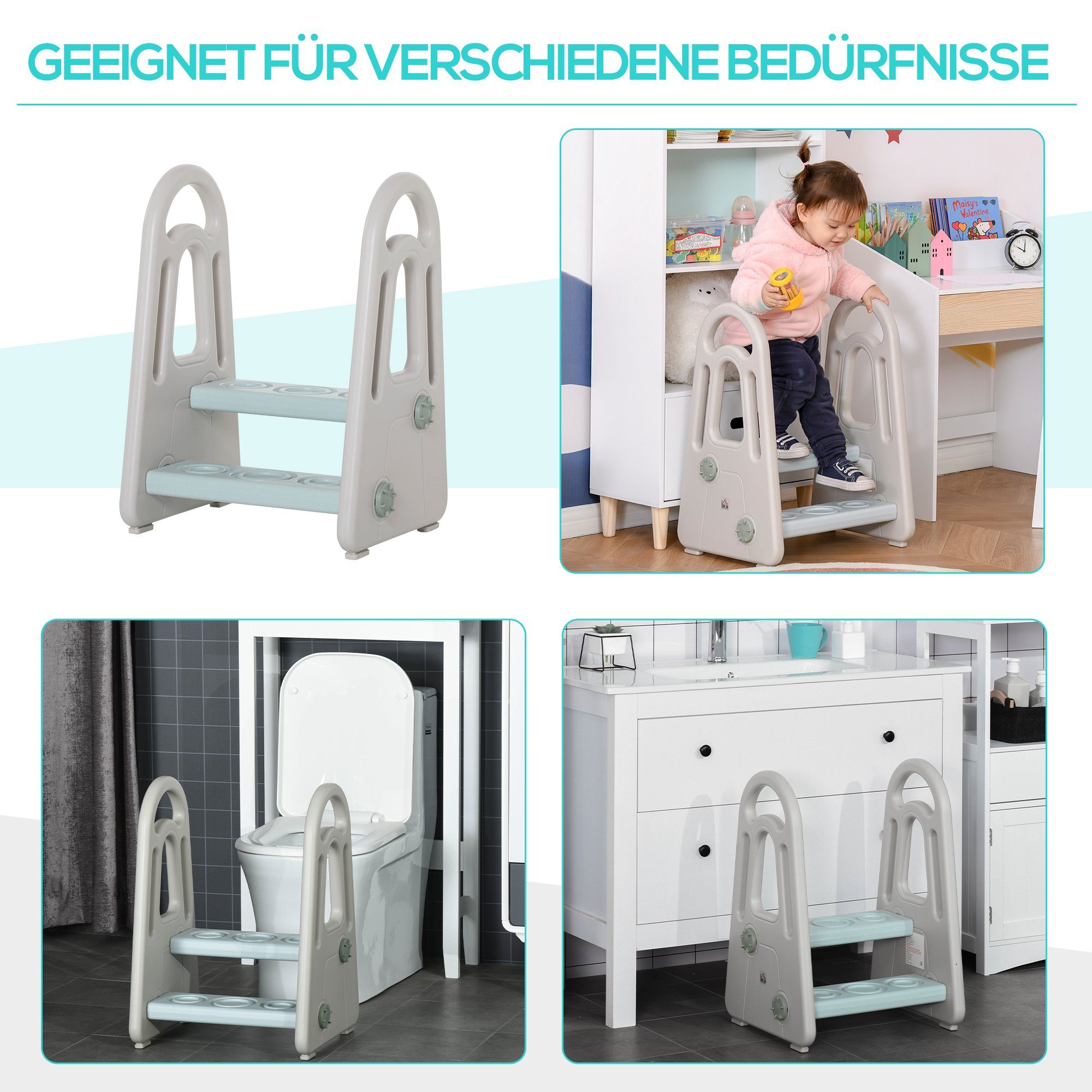HOMCOM Stehhilfe Lernturm Stehender mit 2 Stufen Blau+Grau für 2-5 Jahre HDPE PP (Set, 1 St), 43.5L x 38.5B x 61H cm