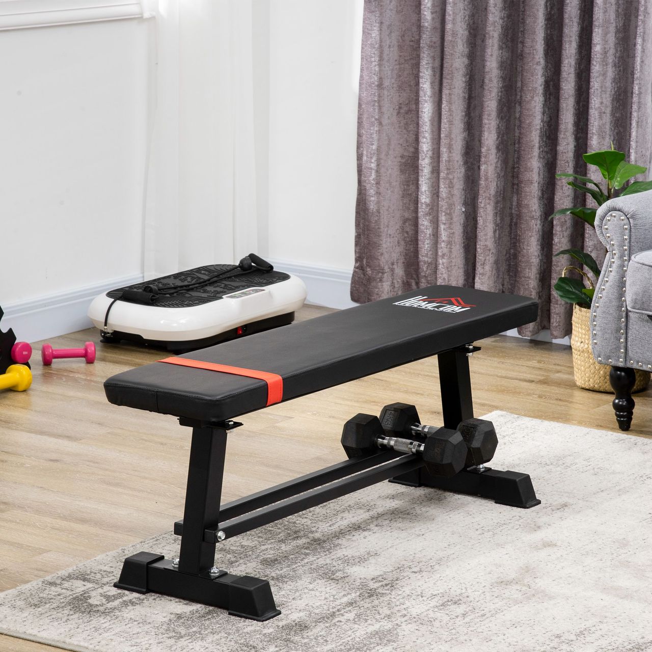 HOMCOM Multifunktion Hantelbank Kraftstation Gewicht bis 150 kg Trainingsbank Metall Kunstleder Schwarz 118 x 36 x 44 cm