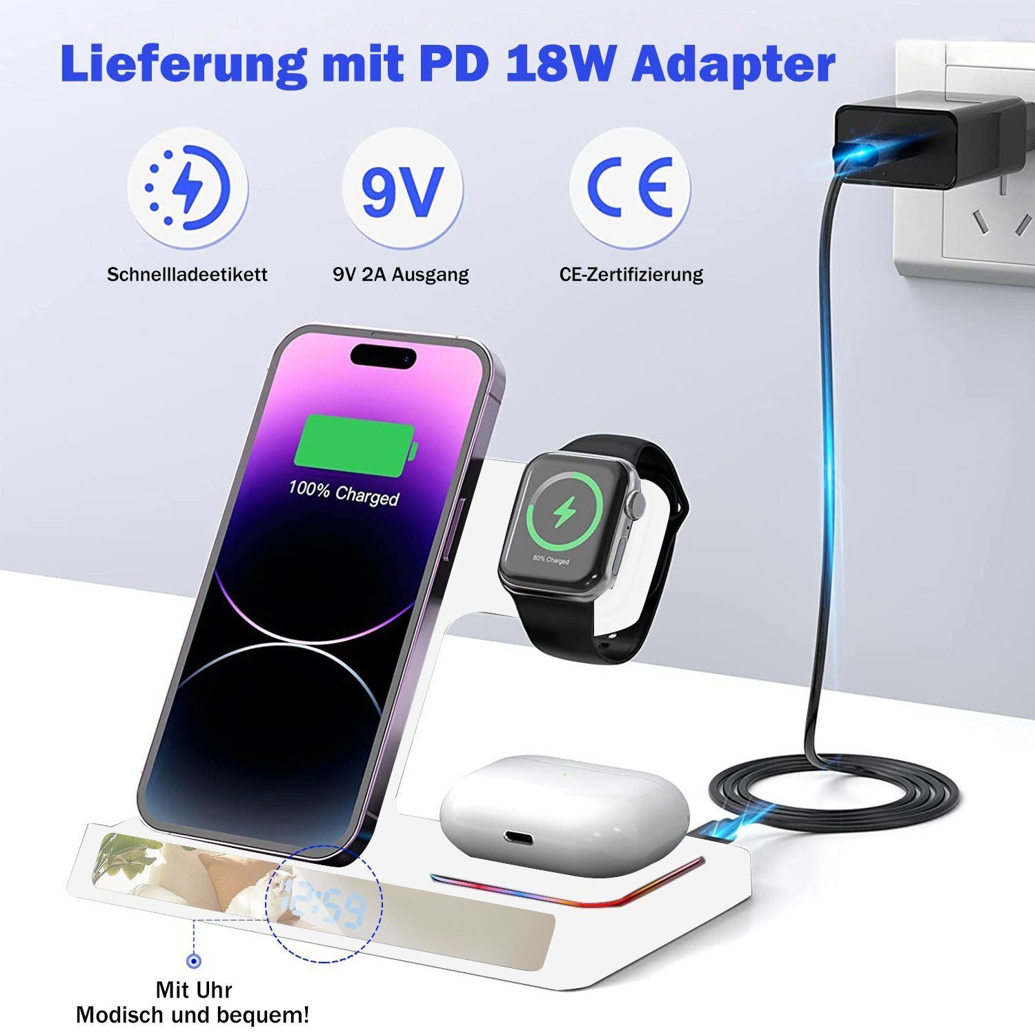Yaviel Handy-Dockingstation Induktive Ladestation 4 in 1 Kabellose Ladegerät Wireless Charger, (für Apple iWatch iPhone Airpods Handy Charging Station, mit USB Kabel für iPhone 14 13 12Pro Mini Pro Max)