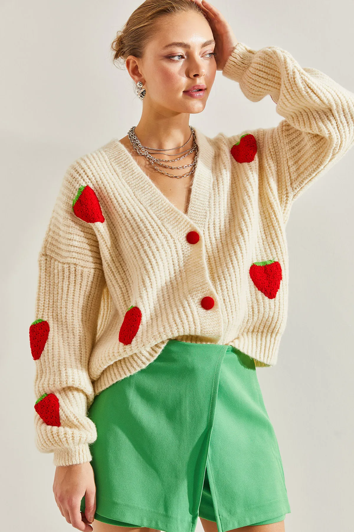 Bianco Lucci  Erdbeer-Strickjacke für Damen mit Knöpfen