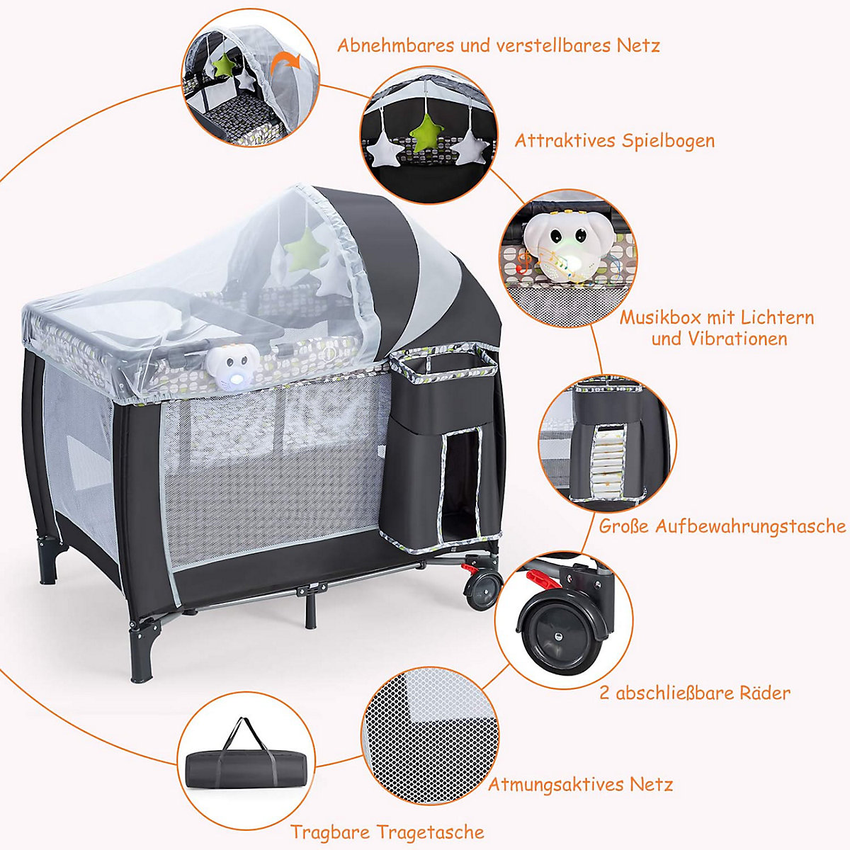 Reisebett 3 in 1 mit Wickeltisch mit Moskitonetz & Spieluhr