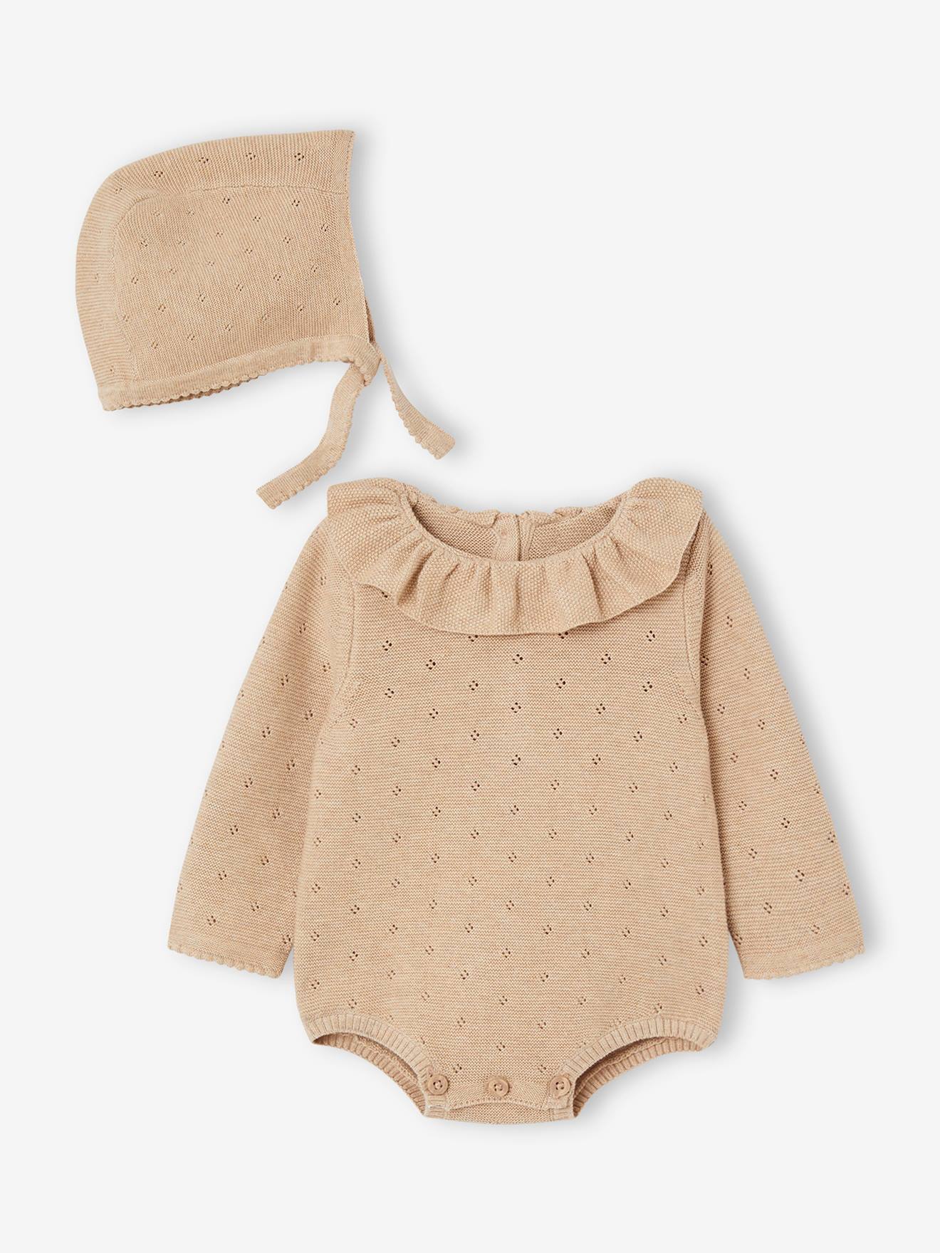 Vertbaudet Baby-Set: Strick-Kurzoverall mit langen Ärmeln & Mütze Oeko-Tex - beige meliert
