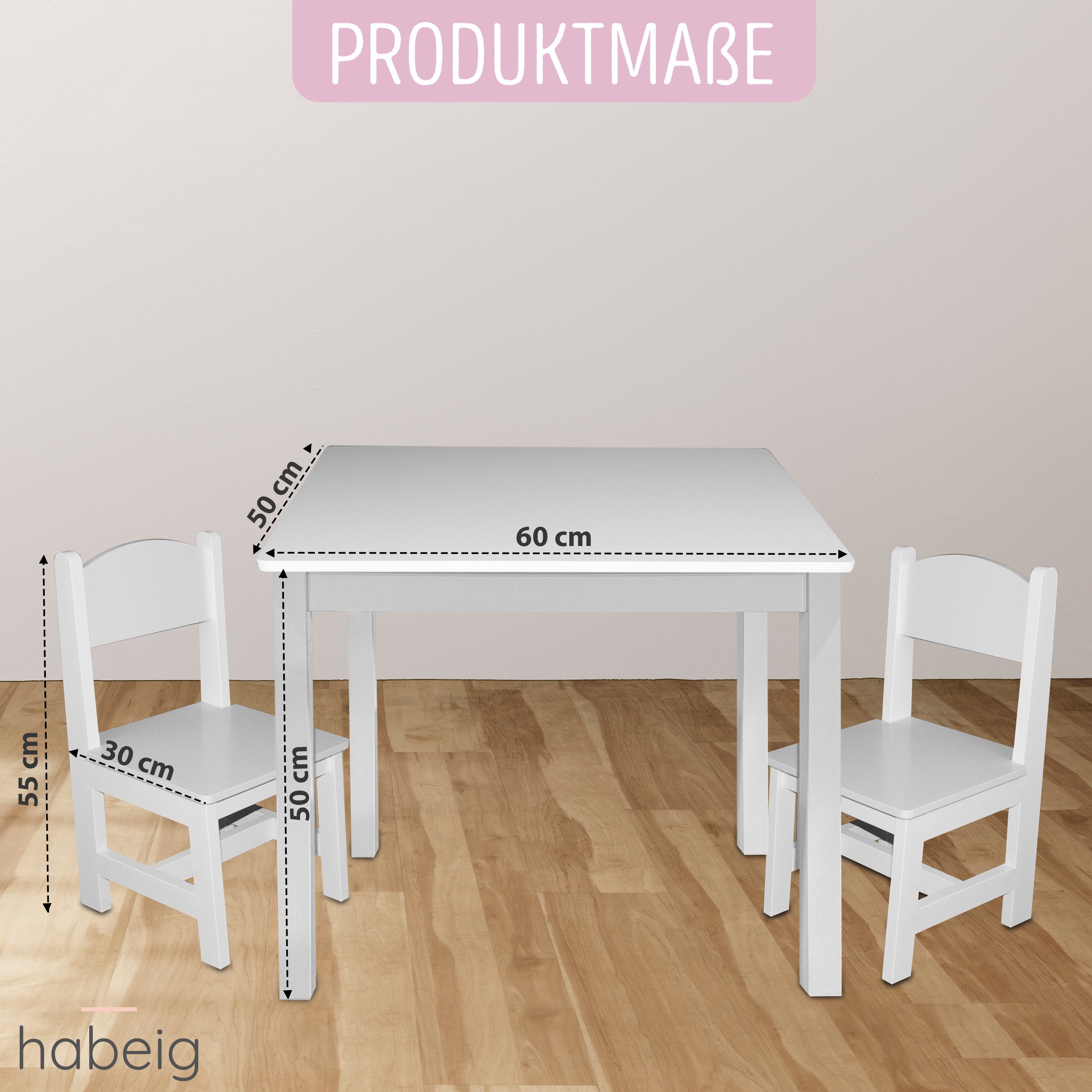 habeig Kindersitzgruppe Kindertisch & 2 Stühle Kindermöbelset Maltisch Hocker 60x50x50cm