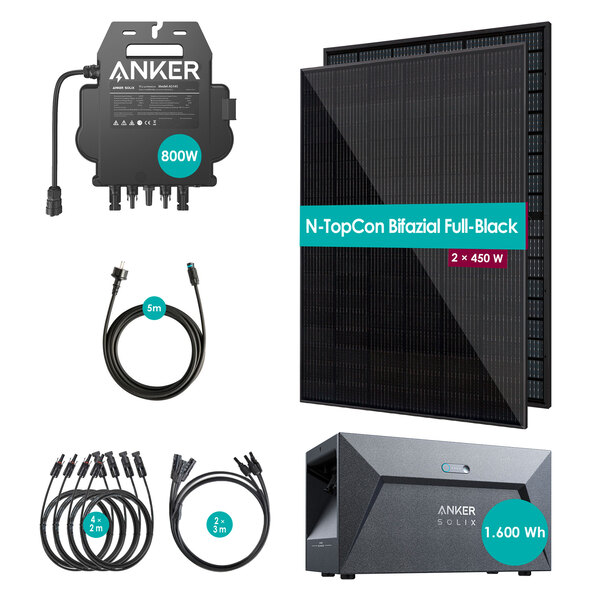 Bifaziales Balkonkraftwerk 900W / 800W inkl. Speicherbatterie ohne Halterung