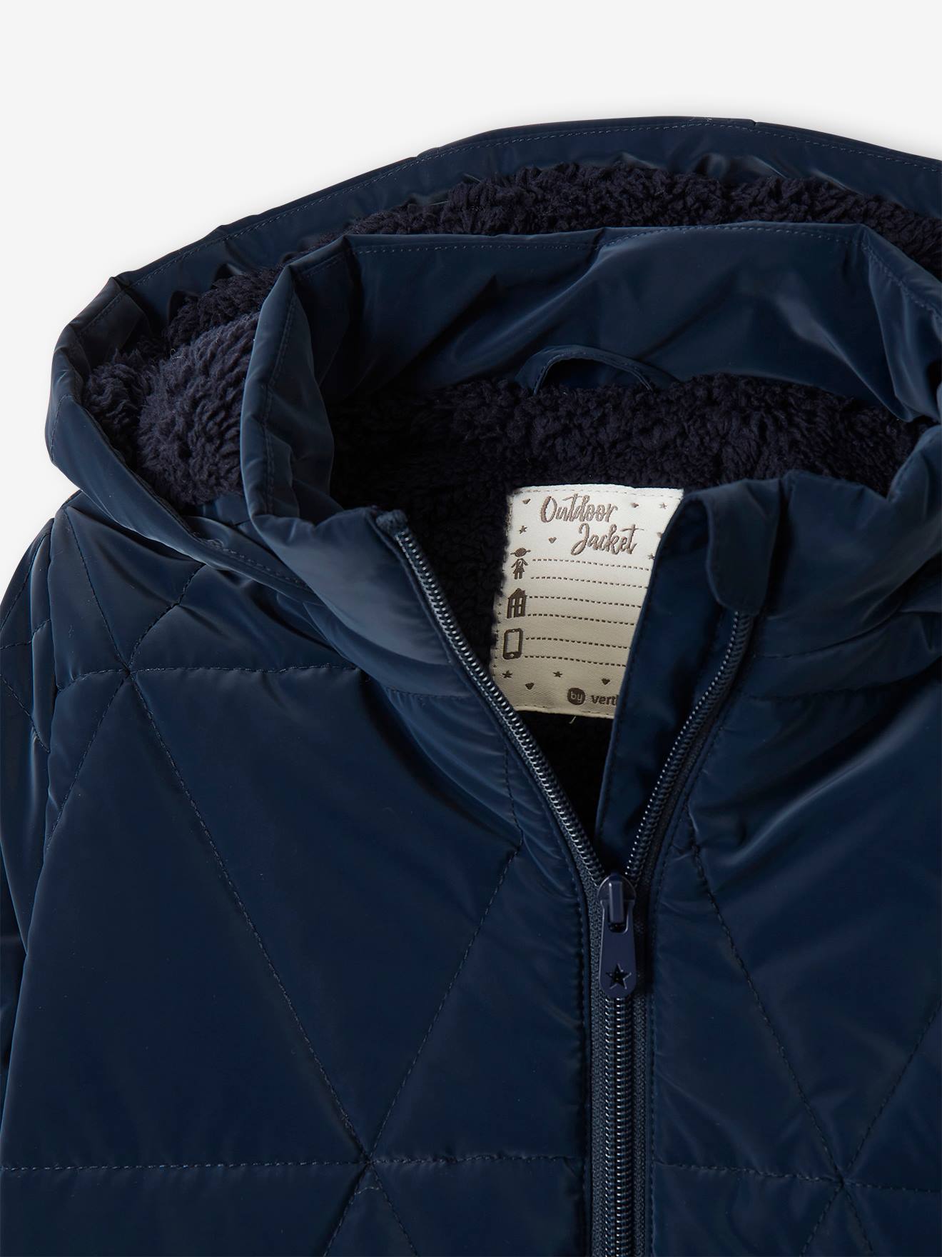 Doudoune longue à capuche fille doublée sherpa blue dark