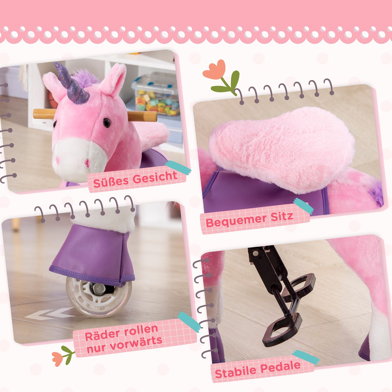 HOMCOM Reitpferd, Einhorn Stehpferd auf Rollen, Stehpferd mit 2 Pedalen, Rosa