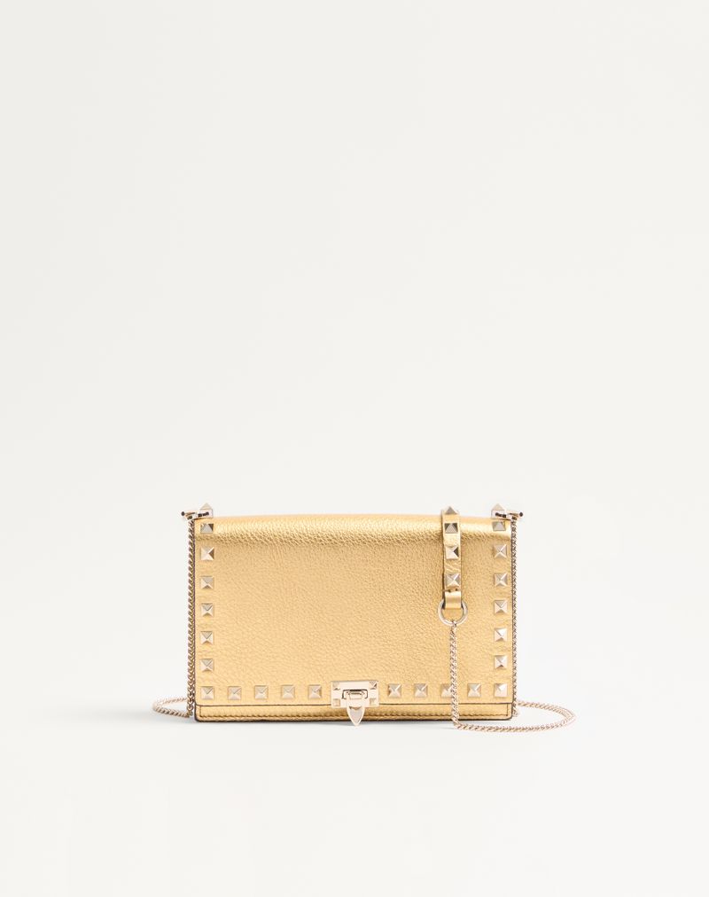 Mini Bolsa Rockstud Chain em Couro de Bezerro Laminado Granada