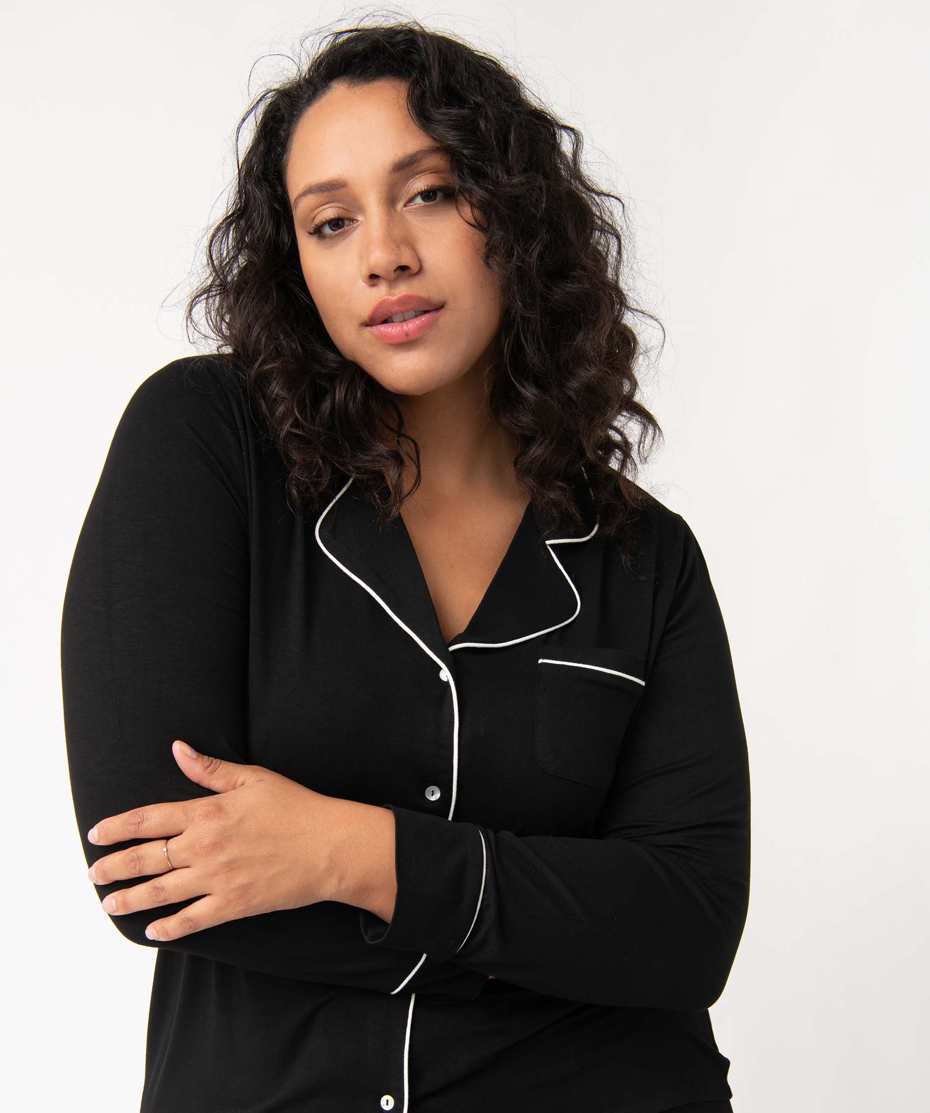 Pyjama femme grande taille deux pièces : chemise et pantalon noir | GEMO