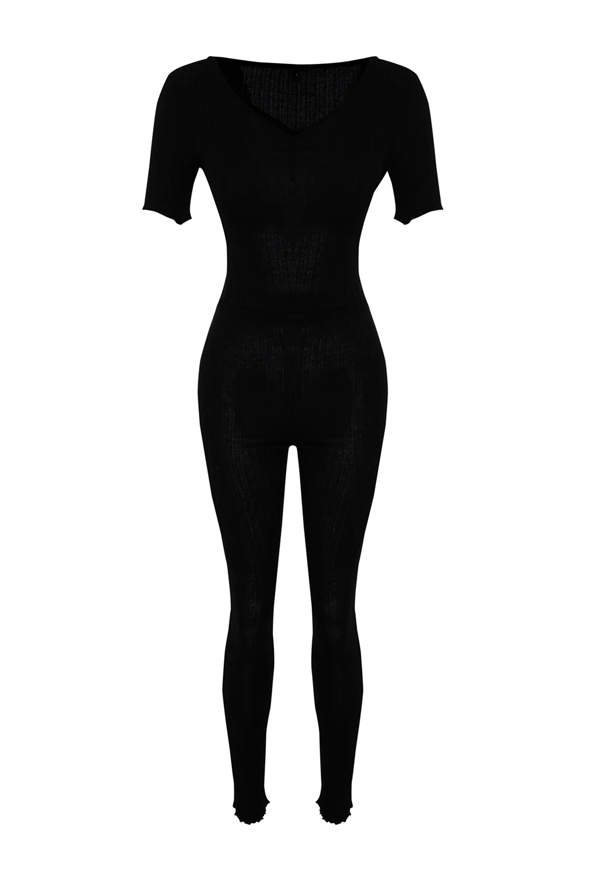 Trendyol Collection  Schwarzes Set aus gerippter, dehnbarer Strickbluse mit V-Ausschnitt und Hose sowie Oberteil und Unterteil TWOSS24AU00100