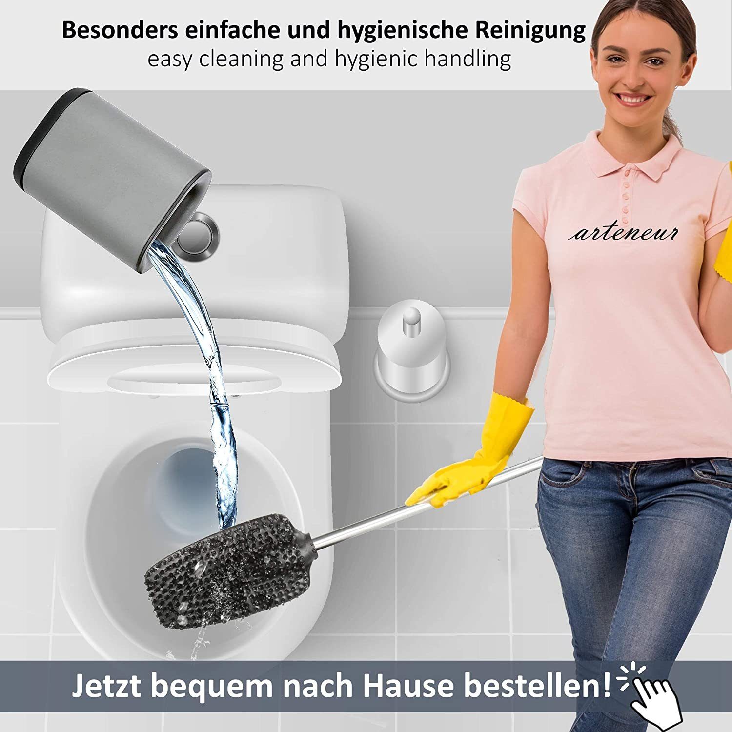 Arteneur WC-Reinigungsbürste 3in1 Toilettenbürste aus Silikon mit WC Bürsten Halter, Badezimmer, Gästebad, WC, WC Bürste ist auswechselbar, rostfrei, WC-Bürstenhalter inkl. WC Bürste+Stiel
