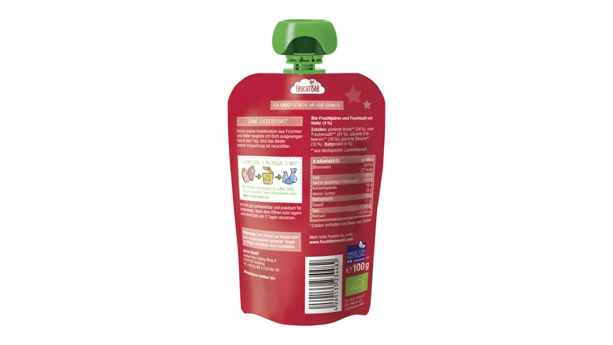 FRUCHTBAR Bio-Fruchtpüree Kleiner Schatz Erdbeere, Birne, Traube, Banane, Hafer 100 g