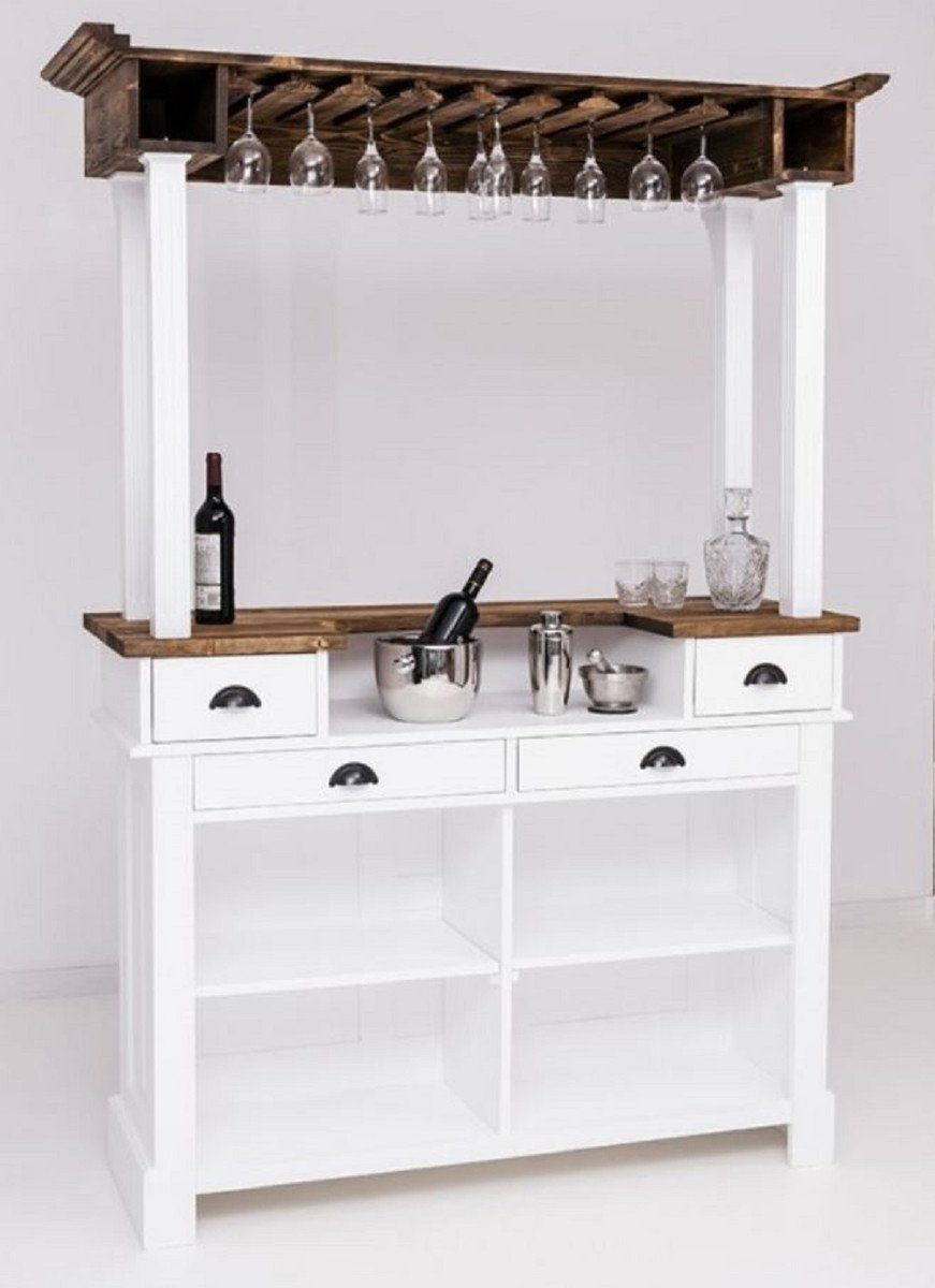 Casa Padrino Barschrank Landhausstil Bar Theke Weiß / Braun 150 x 56 x H. 210 cm - Massivholz Thekentisch - Massivholz Bar Möbel im Landhausstil